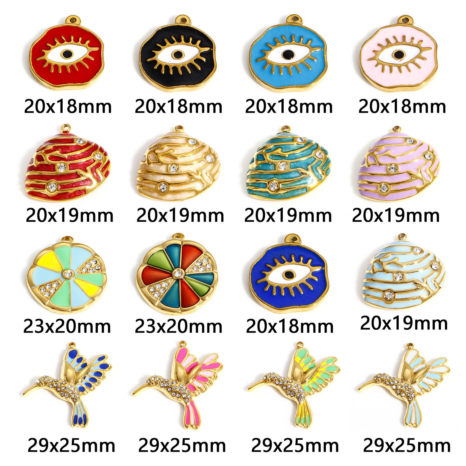 Image de Breloques en 304 Acier Inoxydable Élégant Oiseau-Mouche Doré Multicolore Coquilles Émail à Strass Transparent 1 Pièce