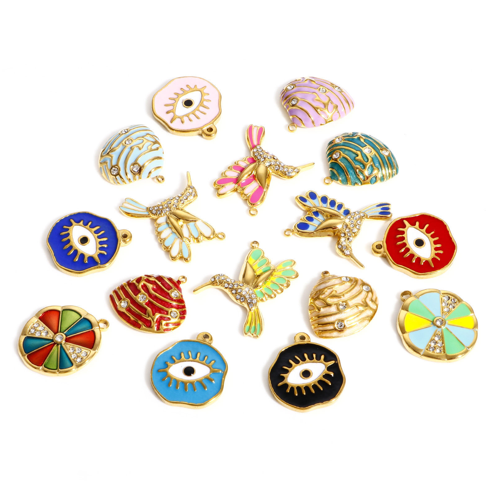 Image de Breloques en 304 Acier Inoxydable Élégant Oiseau-Mouche Doré Multicolore Coquilles Émail à Strass Transparent 1 Pièce