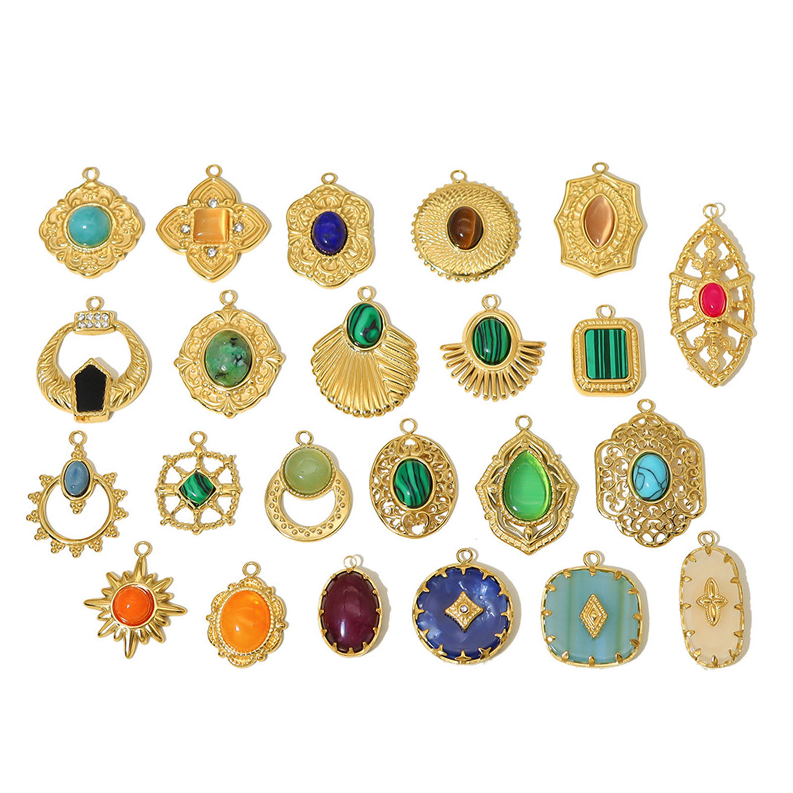Image de Breloques en 304 Acier Inoxydable & Pierre Style Bohème Eventail 18k Or Rempli Multicolore Ovale Gemme Imitation 1 Pièce