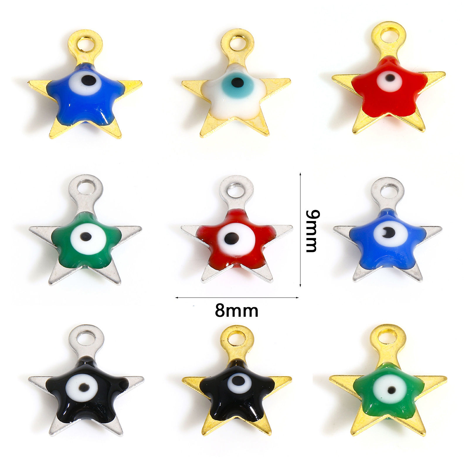 Picture of 304 Stainless Steel Religious Charms Pentagram Star Evil Eye Double-sided Enamel 9mm x 8mm