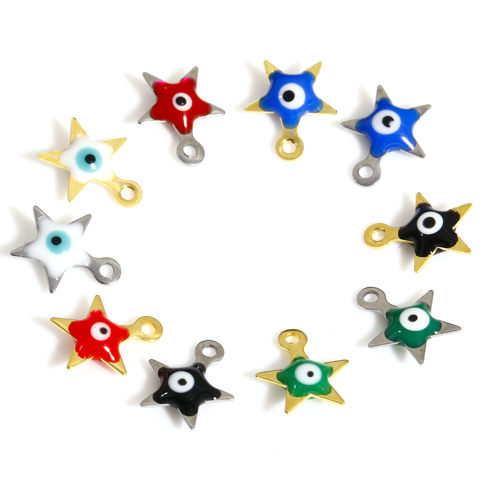 Picture of 304 Stainless Steel Religious Charms Pentagram Star Evil Eye Double-sided Enamel 9mm x 8mm