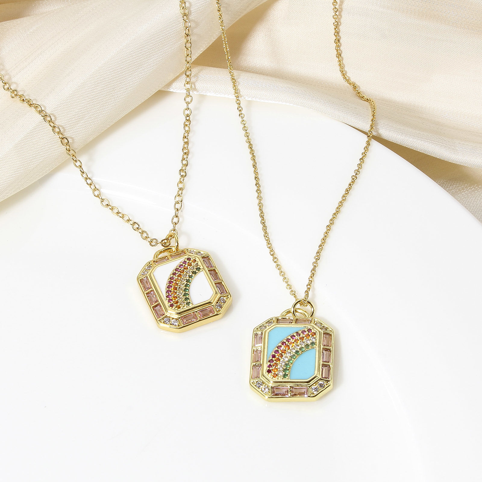 Immagine di 1 Pz Ottone Tempo Collezione Charms Rettangolo 18K Vero Oro Placcato Multicolore Arcobaleno Smalto Multicolore Cubic Zirconiae 26mm x 17.5mm