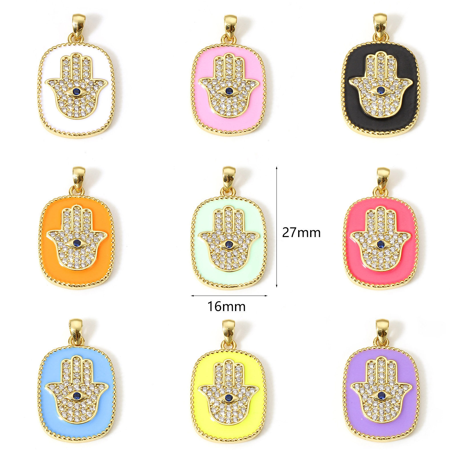 Image de 1 Pièce Breloques Religieux en Laiton Rectangle Plaqué Or Véritable 18K Multicolore Khamsa Symbole Paume Émail à Zircone Cubique Clair & Bleu 27mm x 16mm