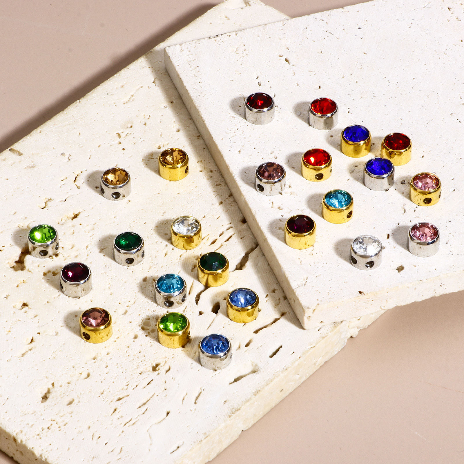 Picture of 304 Stainless Steel Birthstone Beads For DIY Jewelry Making Round Multicolor Rhinestone 7.5mm Dia.