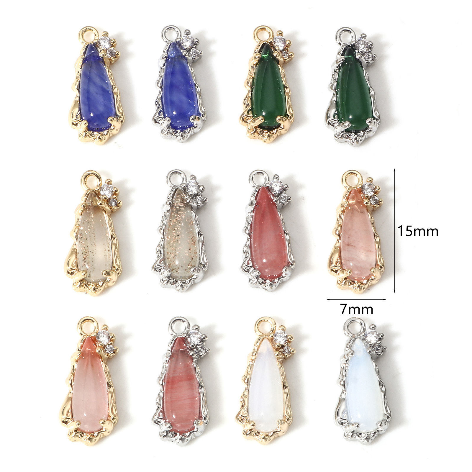 Picture of Brass Charms Real Gold Plated Drop With Glass Cabochons Clear Cubic Zirconia 15mm x 7mm