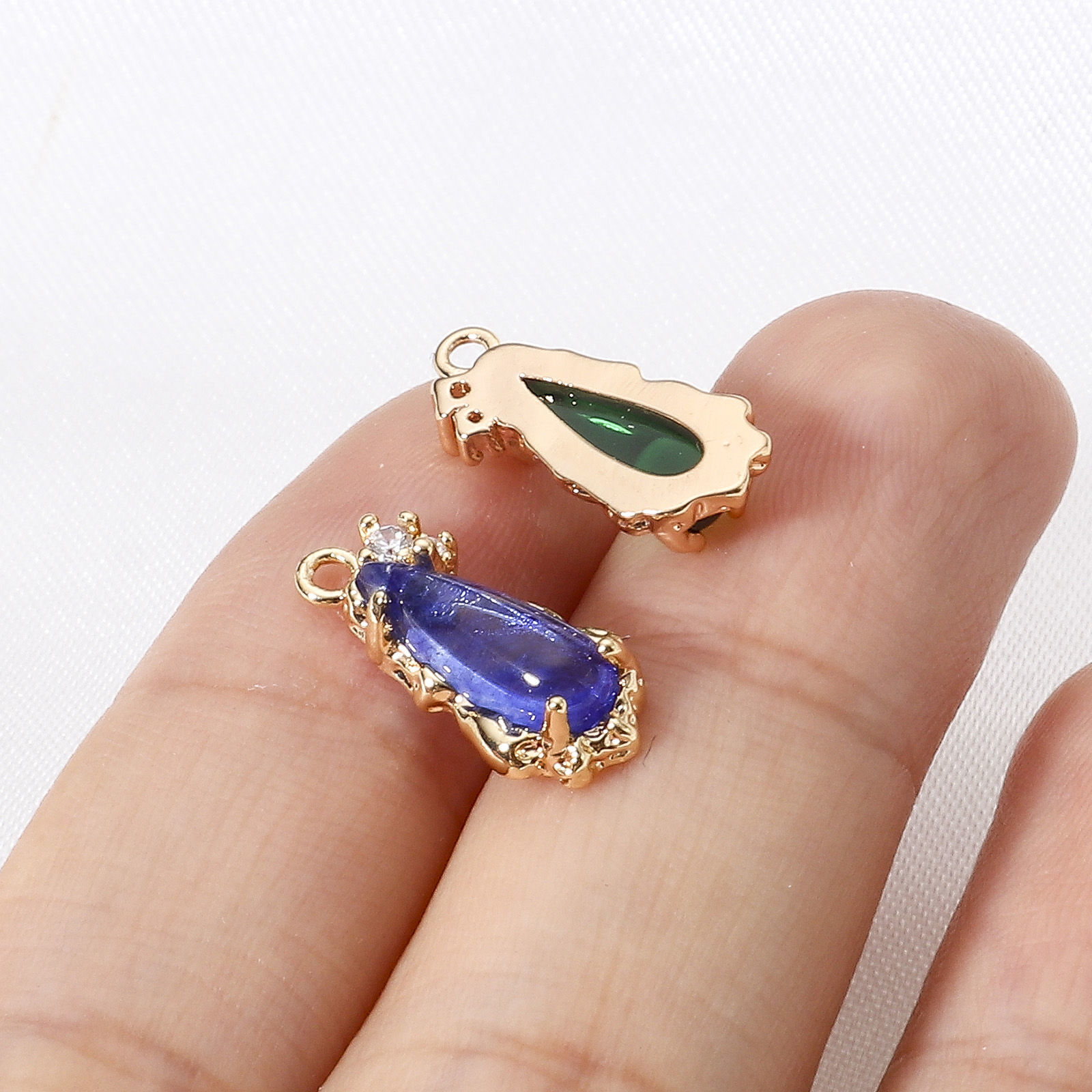 Picture of Brass Charms Real Gold Plated Drop With Glass Cabochons Clear Cubic Zirconia 15mm x 7mm