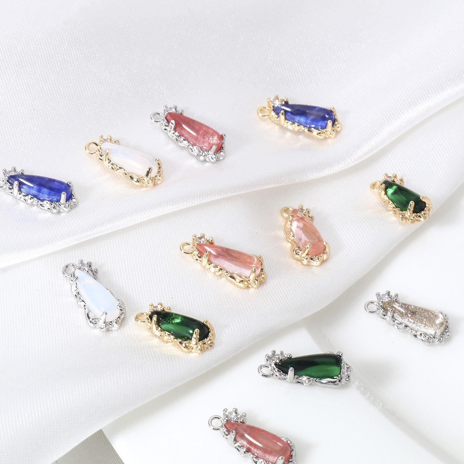 Picture of Brass Charms Real Gold Plated Drop With Glass Cabochons Clear Cubic Zirconia 15mm x 7mm