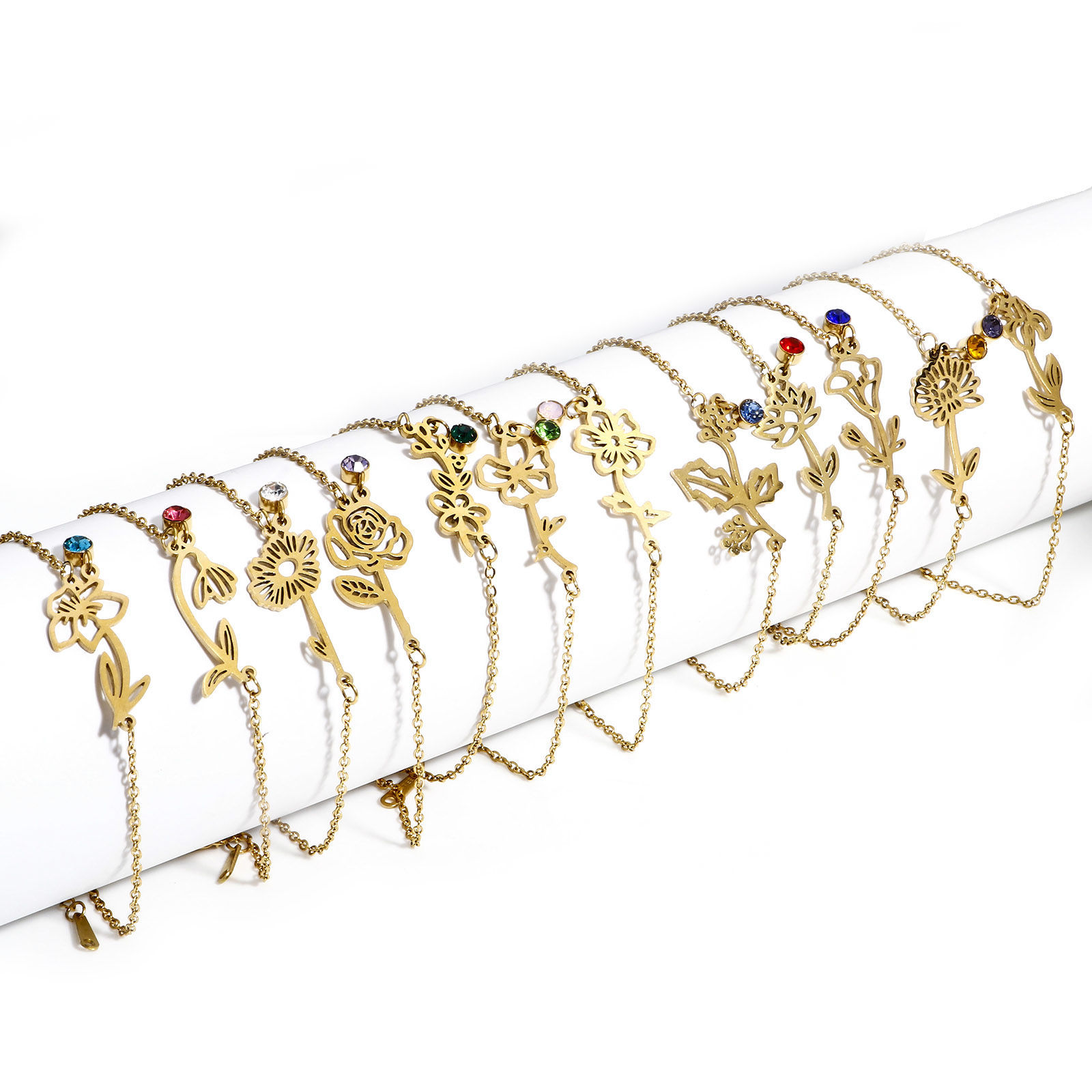 Bild von 1 Strang 304 Edelstahl Geburtsmonat Blume Gliederkette Kette Armband 18K Gold plattiert Bunt Strass 16cm lang