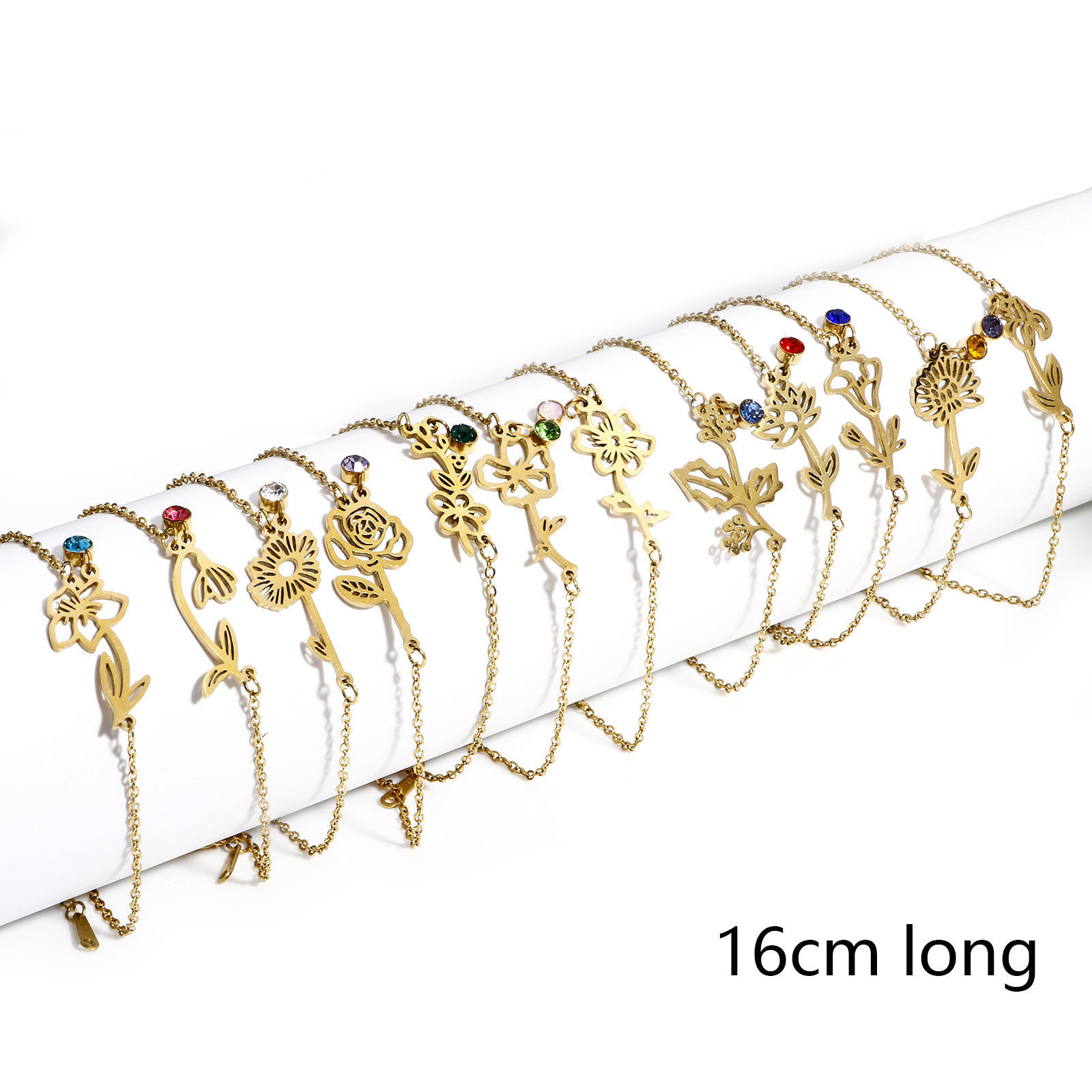 Bild von 1 Strang 304 Edelstahl Geburtsmonat Blume Gliederkette Kette Armband 18K Gold plattiert Bunt Strass 16cm lang