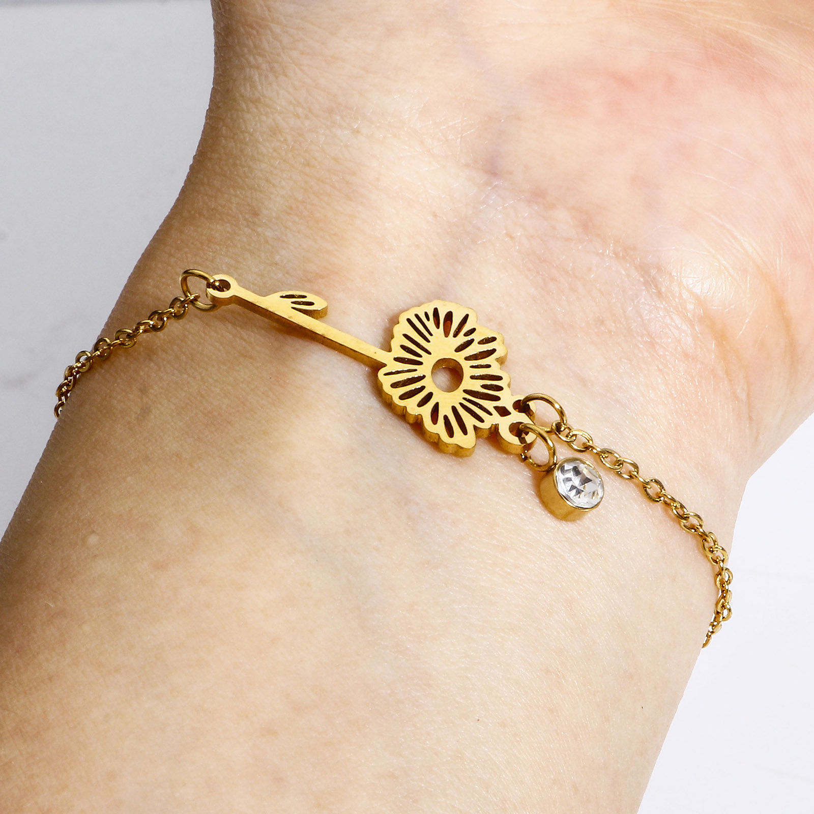 Bild von 1 Strang 304 Edelstahl Geburtsmonat Blume Gliederkette Kette Armband 18K Gold plattiert Bunt Strass 16cm lang