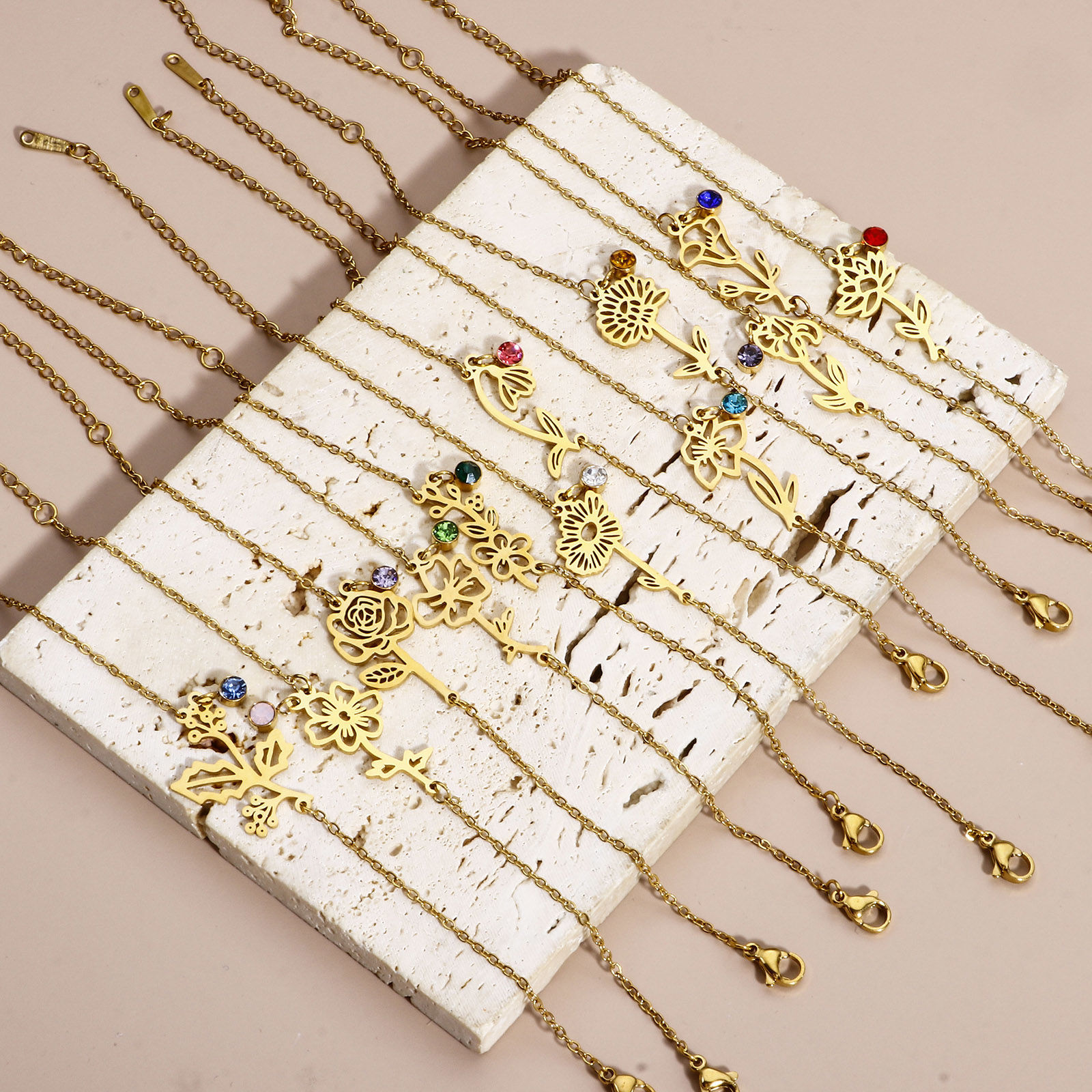 Bild von 1 Strang 304 Edelstahl Geburtsmonat Blume Gliederkette Kette Armband 18K Gold plattiert Bunt Strass 16cm lang