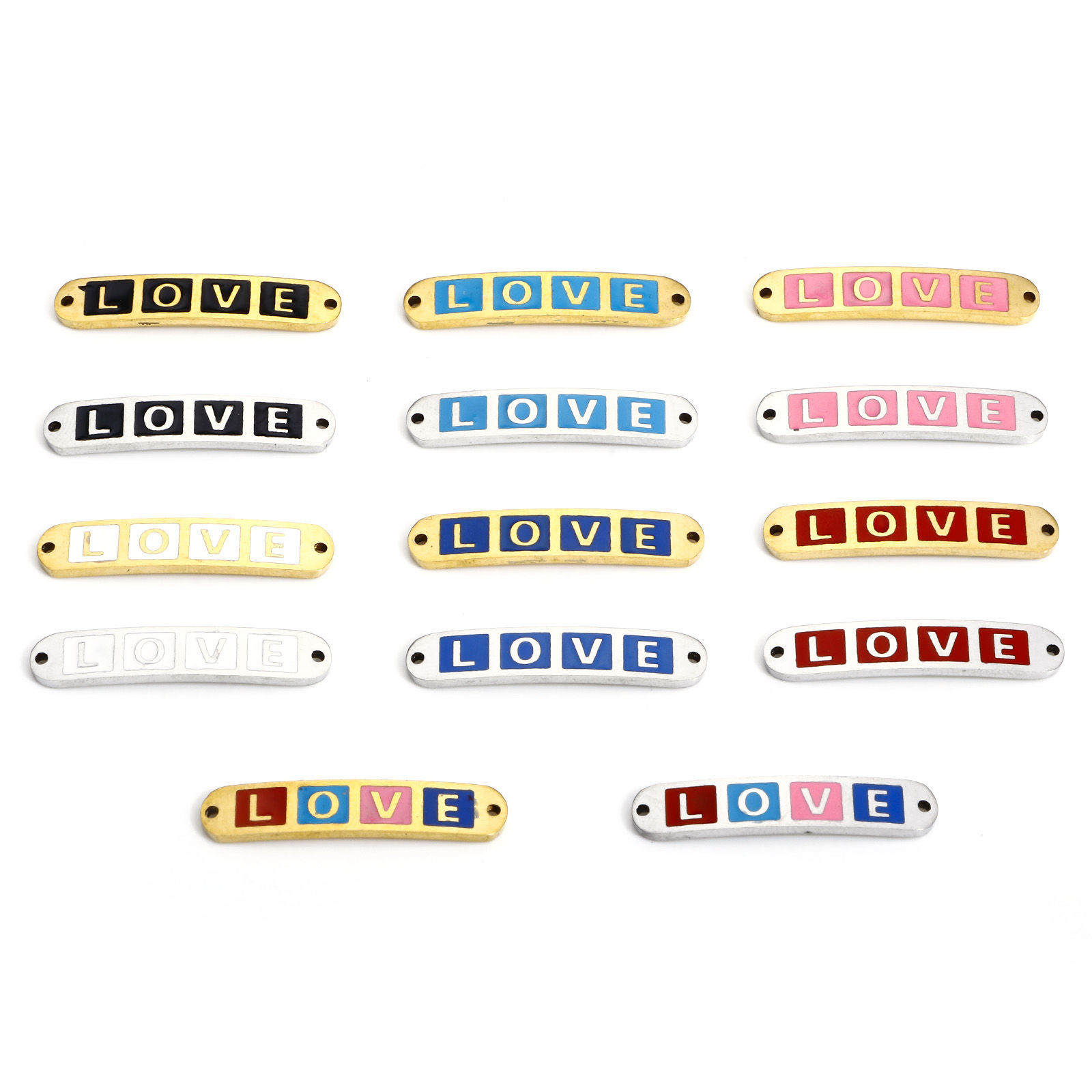 Bild von 2 Stück Vakuumbeschichtung 304 Edelstahl Valentinstag Steckverbinder Charms Anhänger Rechteck Message " LOVE " Emaille 3cm x 0.6cm