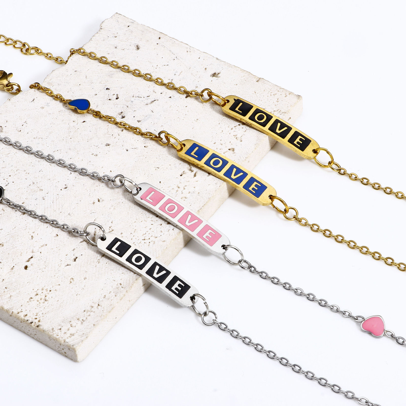 Bild von 2 Stück Vakuumbeschichtung 304 Edelstahl Valentinstag Steckverbinder Charms Anhänger Rechteck Message " LOVE " Emaille 3cm x 0.6cm
