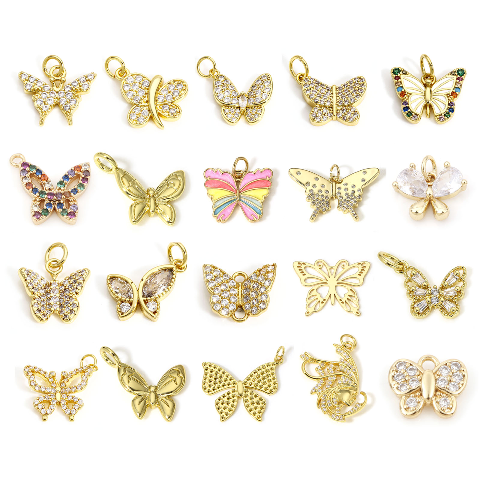 Picture of Brass Insect Charms 18K Real Gold Plated Butterfly Animal Micro Pave Clear Cubic Zirconia