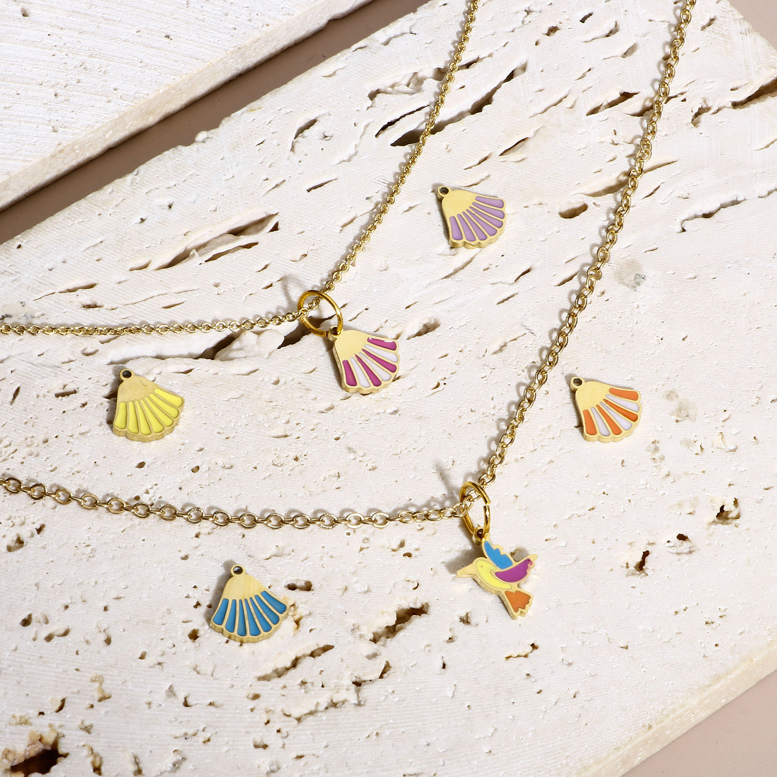 Picture of 316L Stainless Steel Stylish Charms 18K Real Gold Plated Multicolor Bird Animal Shell Enamel