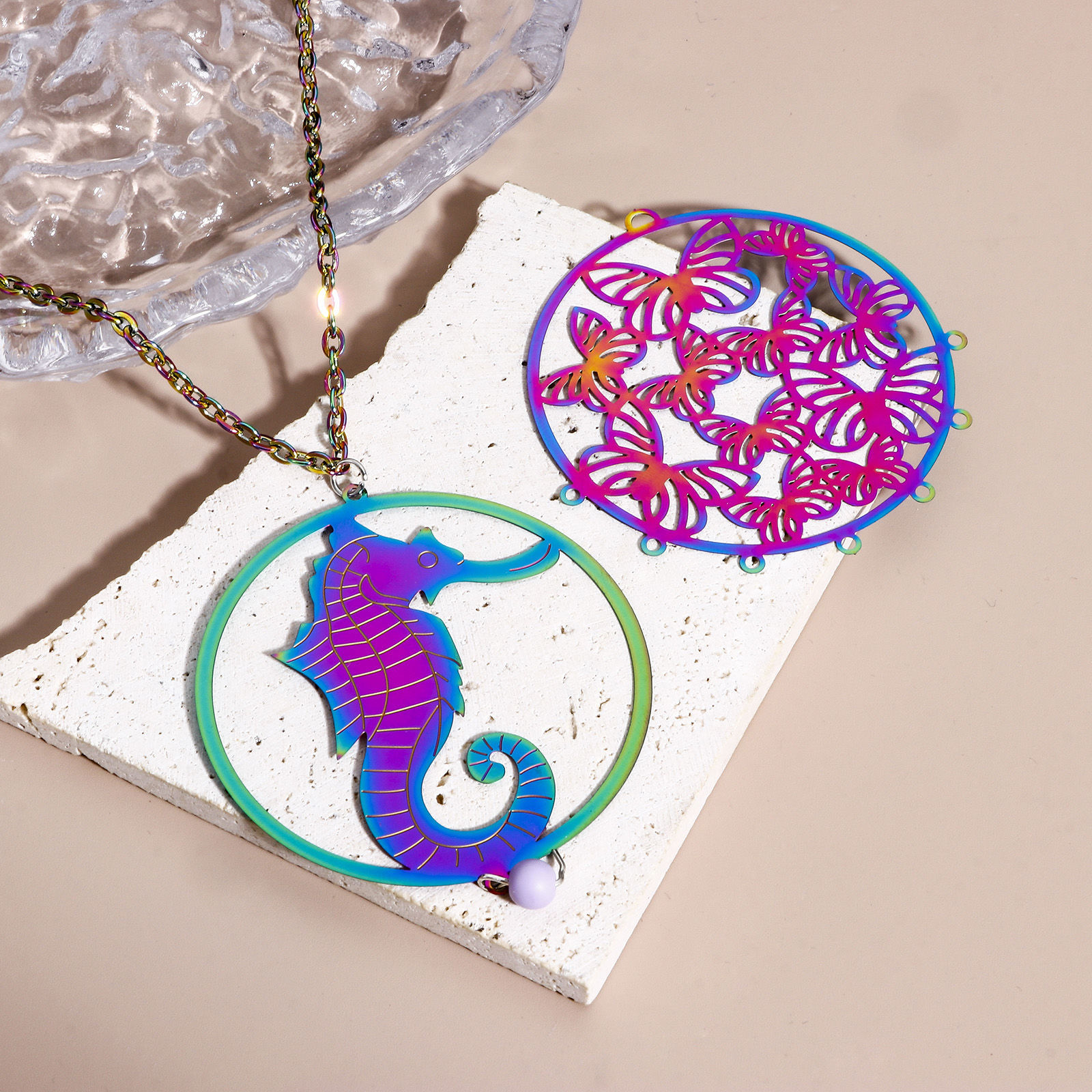 Picture of 304 Stainless Steel Filigree Stamping Pendants Multicolor Half Moon Angel Hollow