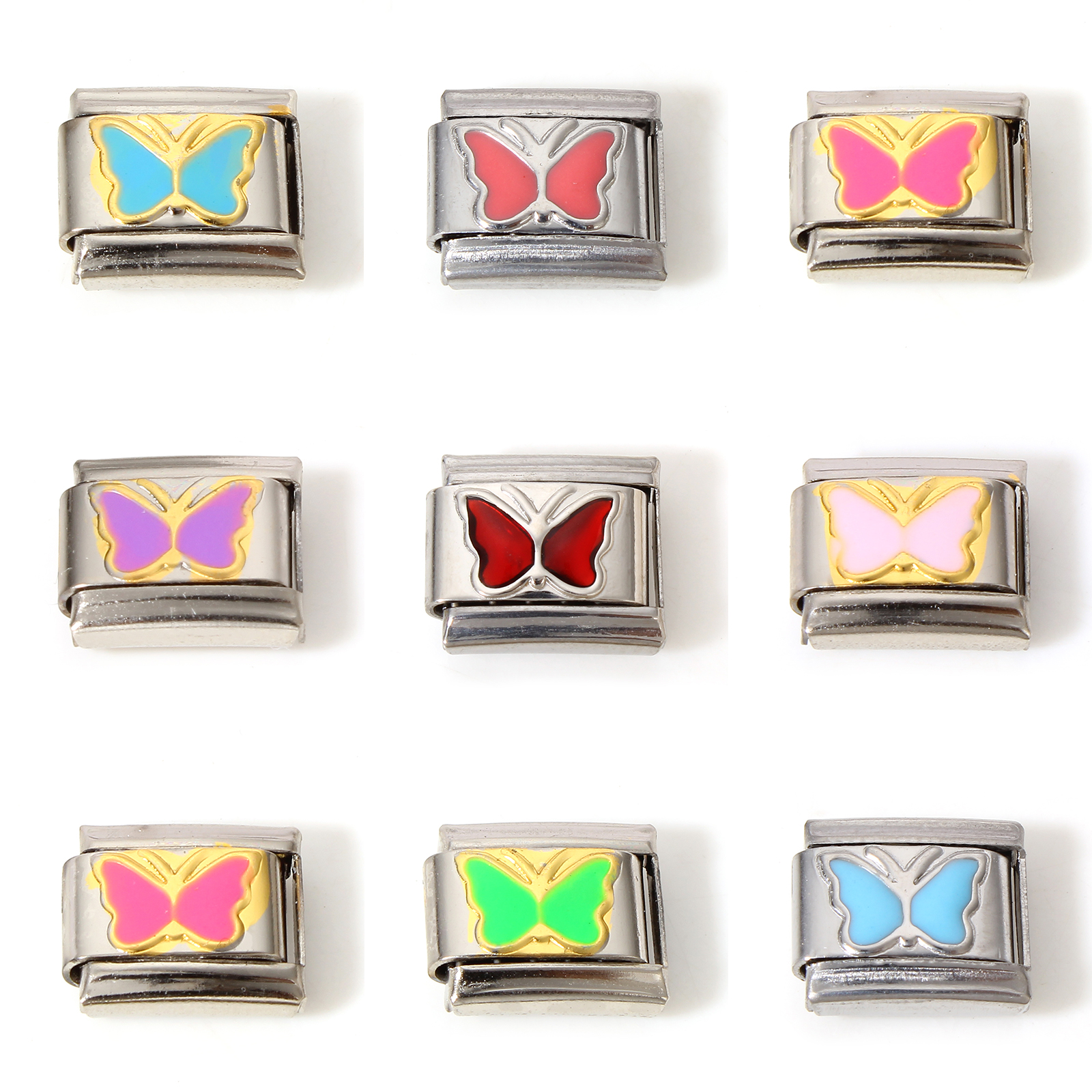Immagine di 1 Pz 304 Acciaio Inossidabile Bracciale con Charm Italiano a Maglie, Creazione di Gioielli Fai-da-te Tono Argento Multicolore Rettangolo Farfalla Smalto 10mm x 9mm