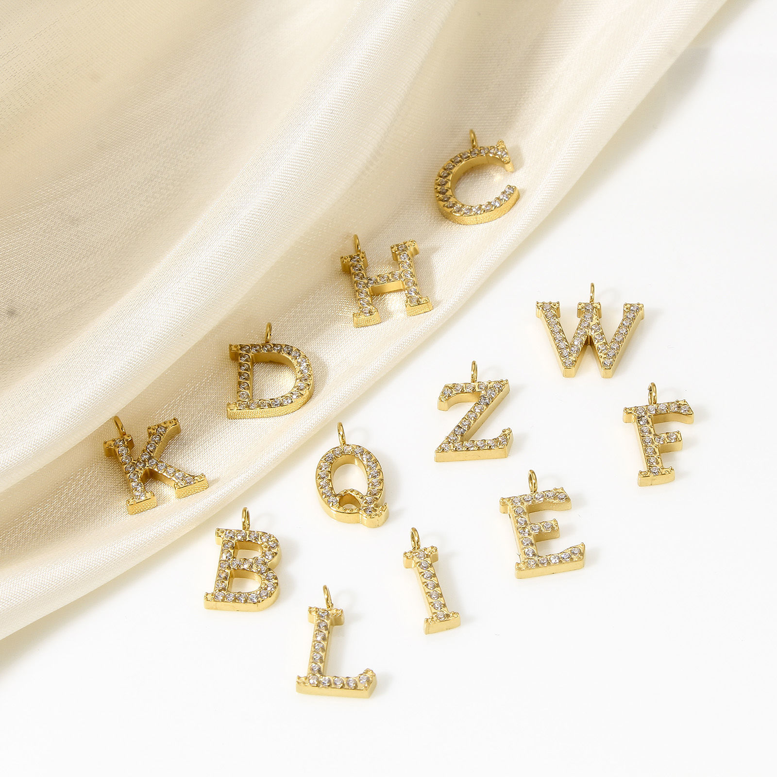 Picture of Eco-friendly Vacuum Plating 304 Stainless Steel Charms 18K Real Gold Plated Capital Alphabet Initial Letter Message " A-Z " Micro Pave Clear Cubic Zirconia