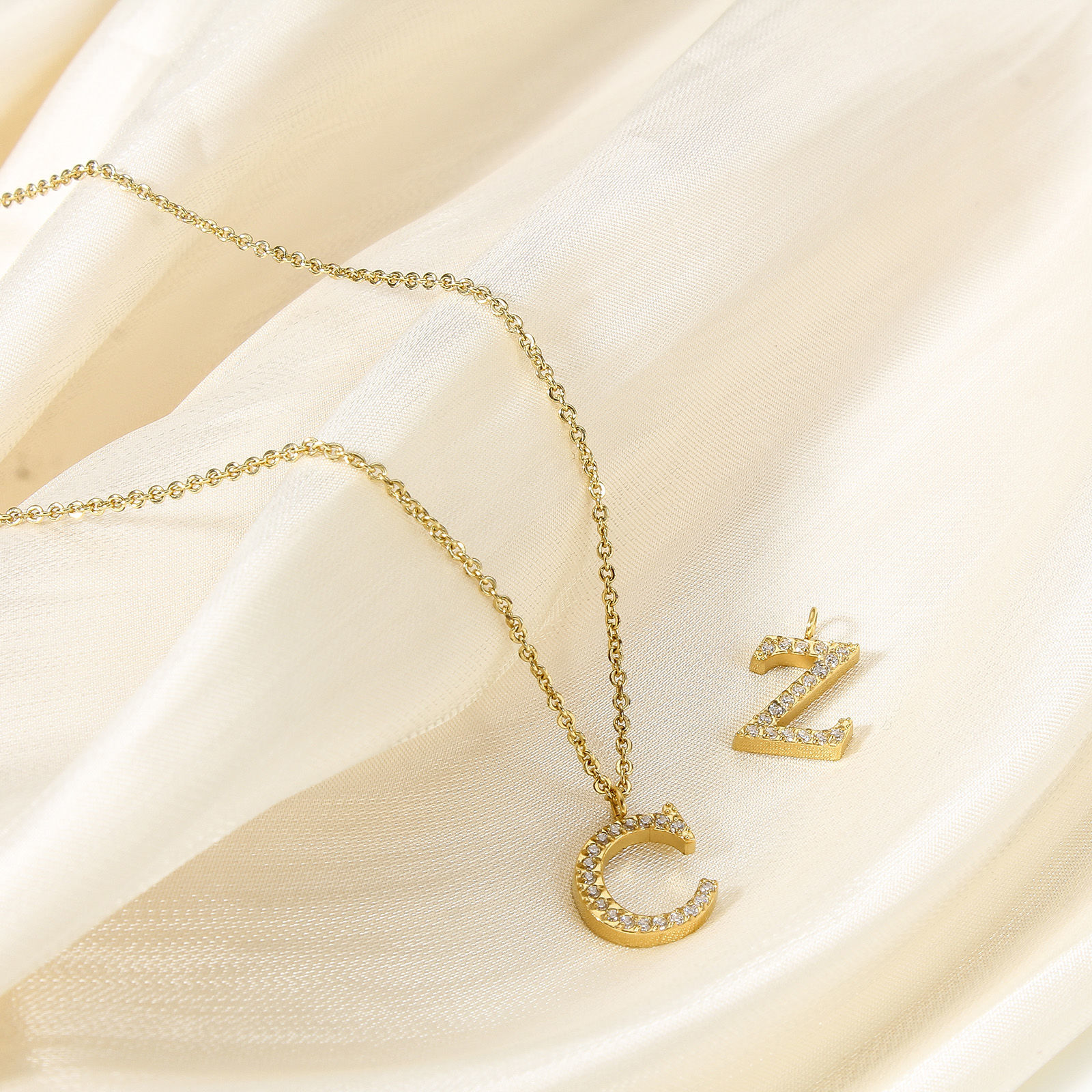 Picture of Eco-friendly Vacuum Plating 304 Stainless Steel Charms 18K Real Gold Plated Capital Alphabet Initial Letter Message " A-Z " Micro Pave Clear Cubic Zirconia