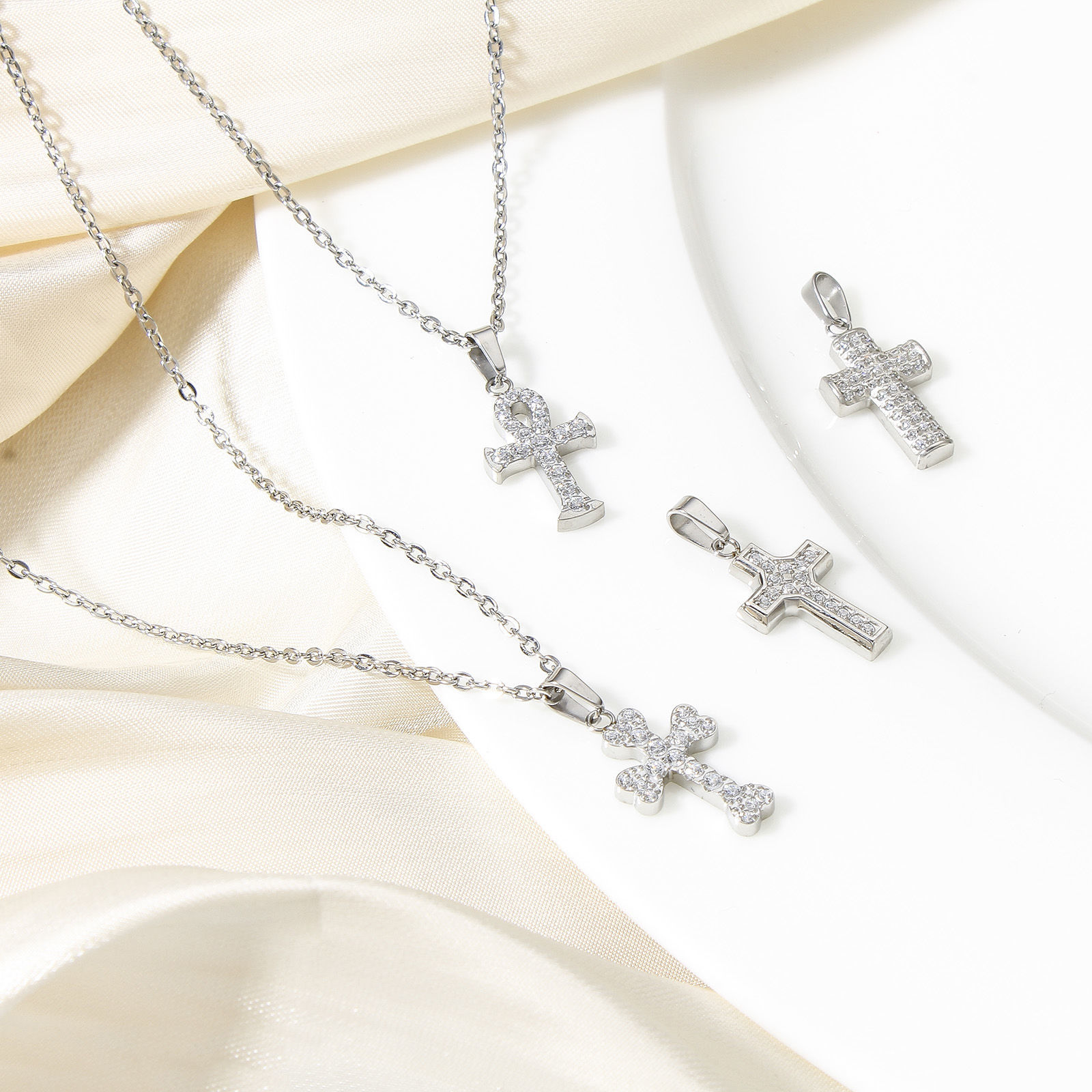 Picture of Eco-friendly Vacuum Plating 304 Stainless Steel Religious Charm Pendant Real Platinum Plated Cross Micro Pave