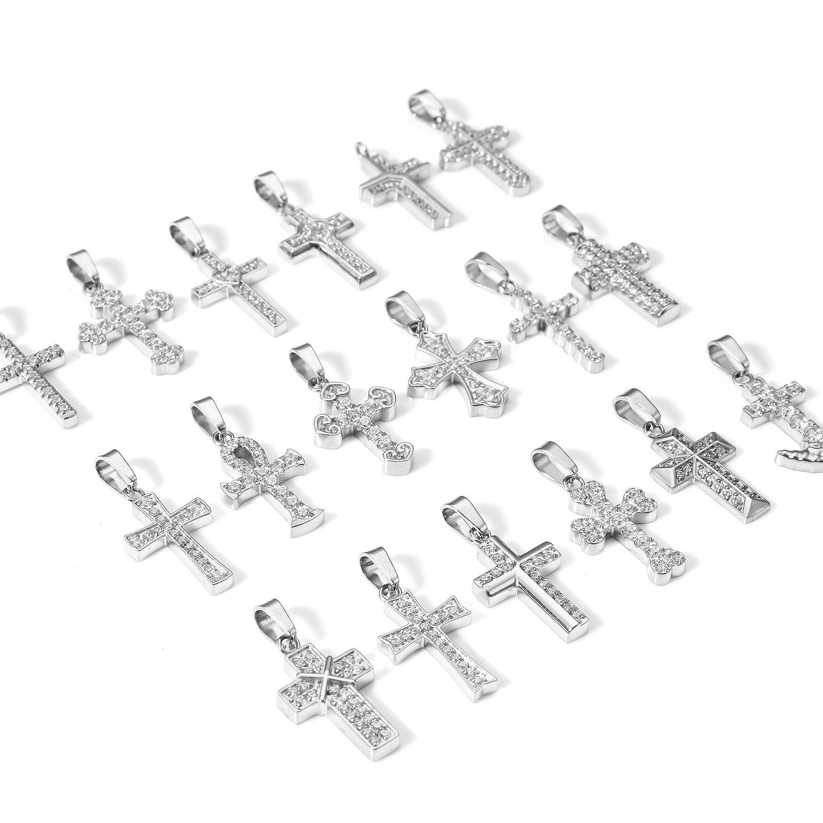 Picture of Eco-friendly Vacuum Plating 304 Stainless Steel Religious Charm Pendant Real Platinum Plated Cross Micro Pave