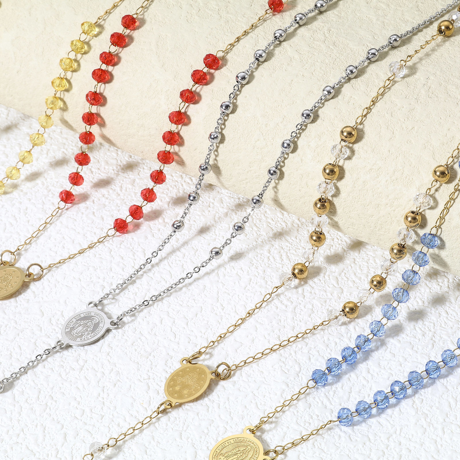 Picture of 304 Stainless Steel & Glass Religious Handmade Link Chain Prayer Beads Rosary Necklace Gold Plated Black Cross Virgin Mary 54cm(21 2/8") long