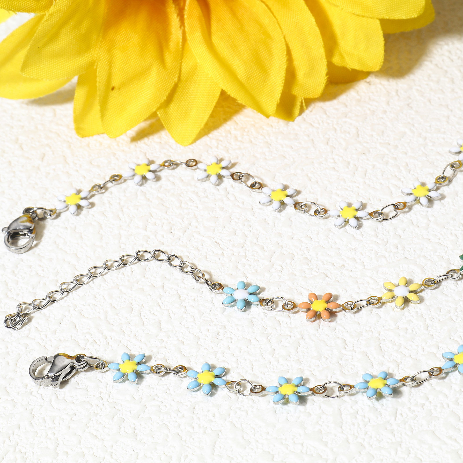 Bild von 1 Strang 304 Edelstahl Armband Silberfarbe Gänseblümchen Doppelseitige Emaille 18.5cm lang