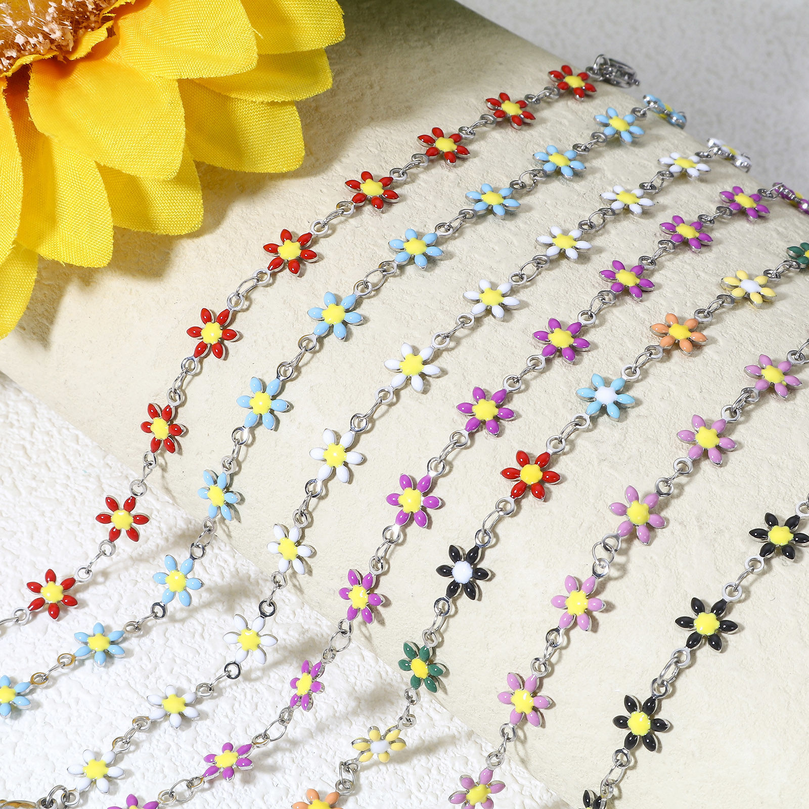 Bild von 1 Strang 304 Edelstahl Armband Silberfarbe Gänseblümchen Doppelseitige Emaille 18.5cm lang