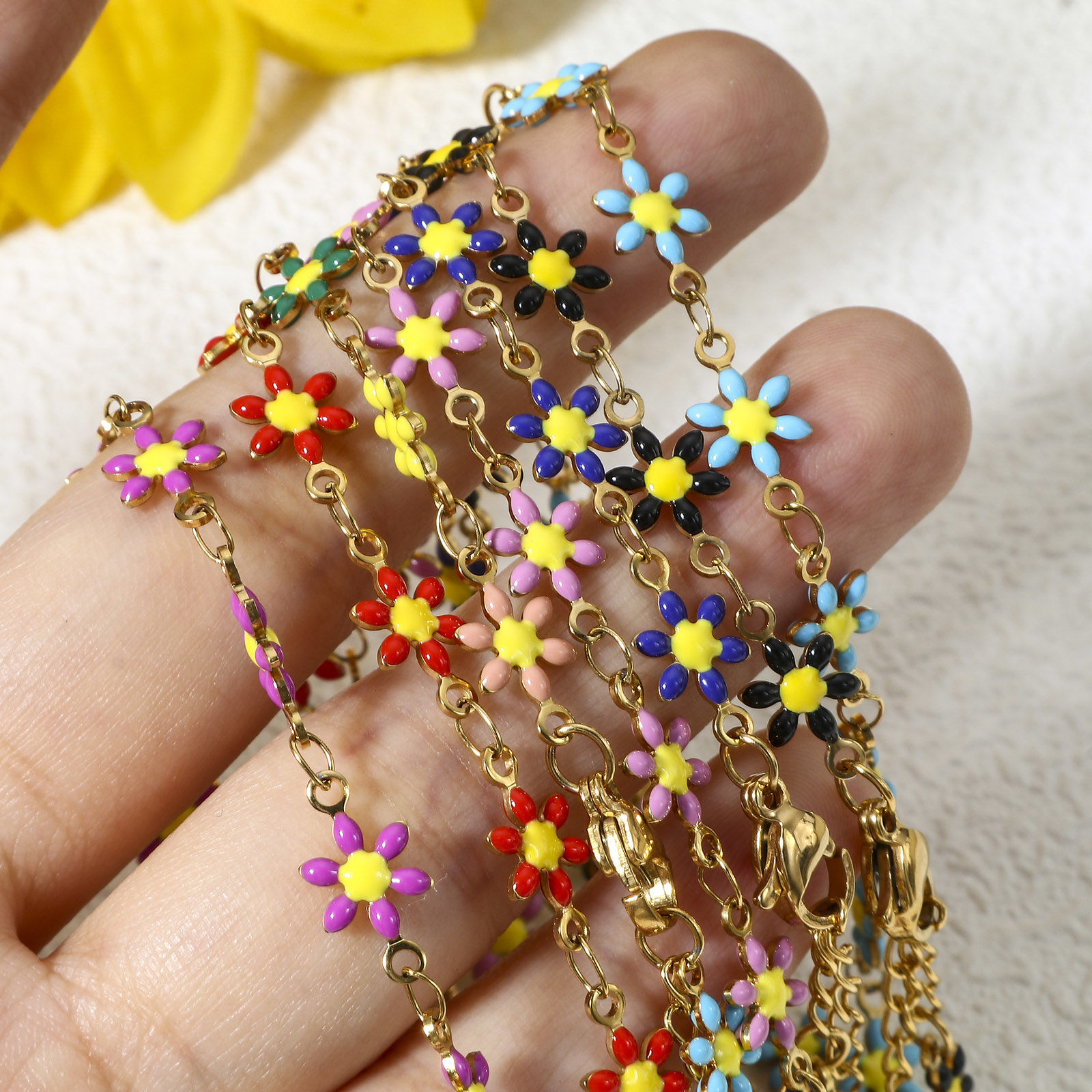 Image de 1 Pièce Bracelets en 304 Acier Inoxydable Doré Marguerite Émail Double Face 18.5cm long