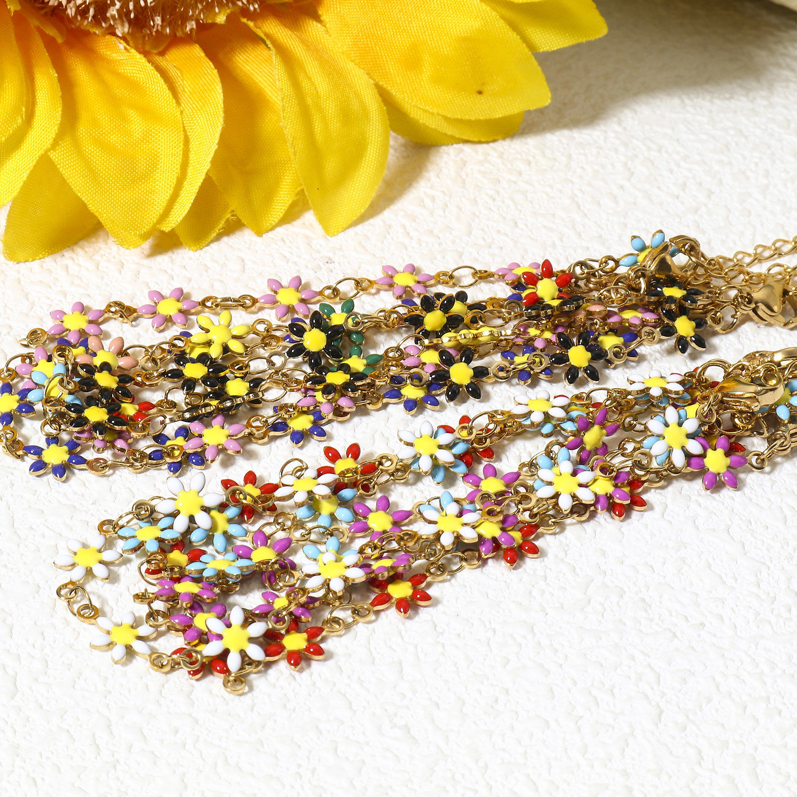 Image de 1 Pièce Bracelets en 304 Acier Inoxydable Doré Marguerite Émail Double Face 18.5cm long