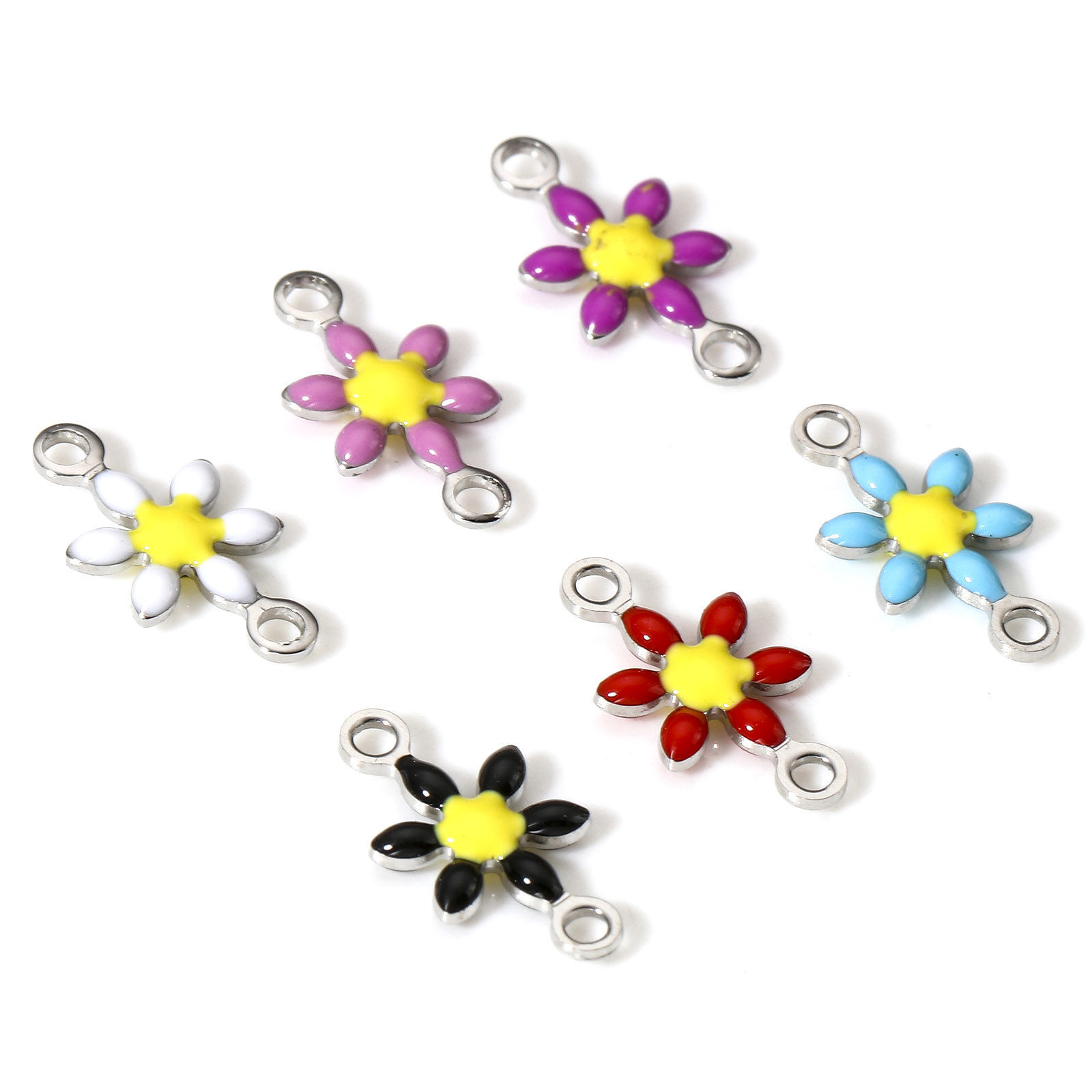 Picture of 304 Stainless Steel Connectors Charms Pendants Silver Tone Multicolor Flower Double-sided Enamel 12.5mm x 6.5mm