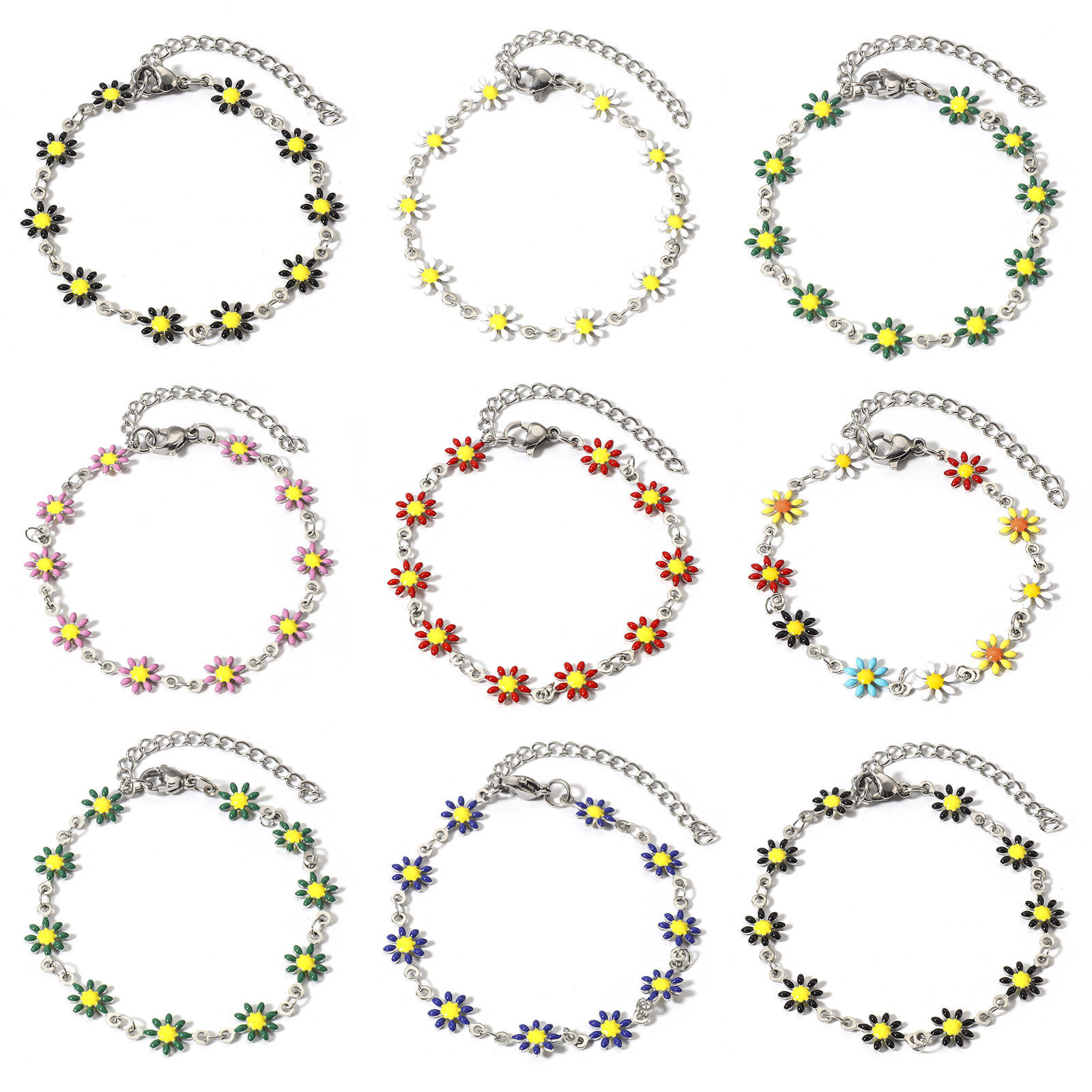 Picture of 304 Stainless Steel Bracelets Silver Tone Daisy Flower Double-sided Enamel 16cm(6 2/8") long