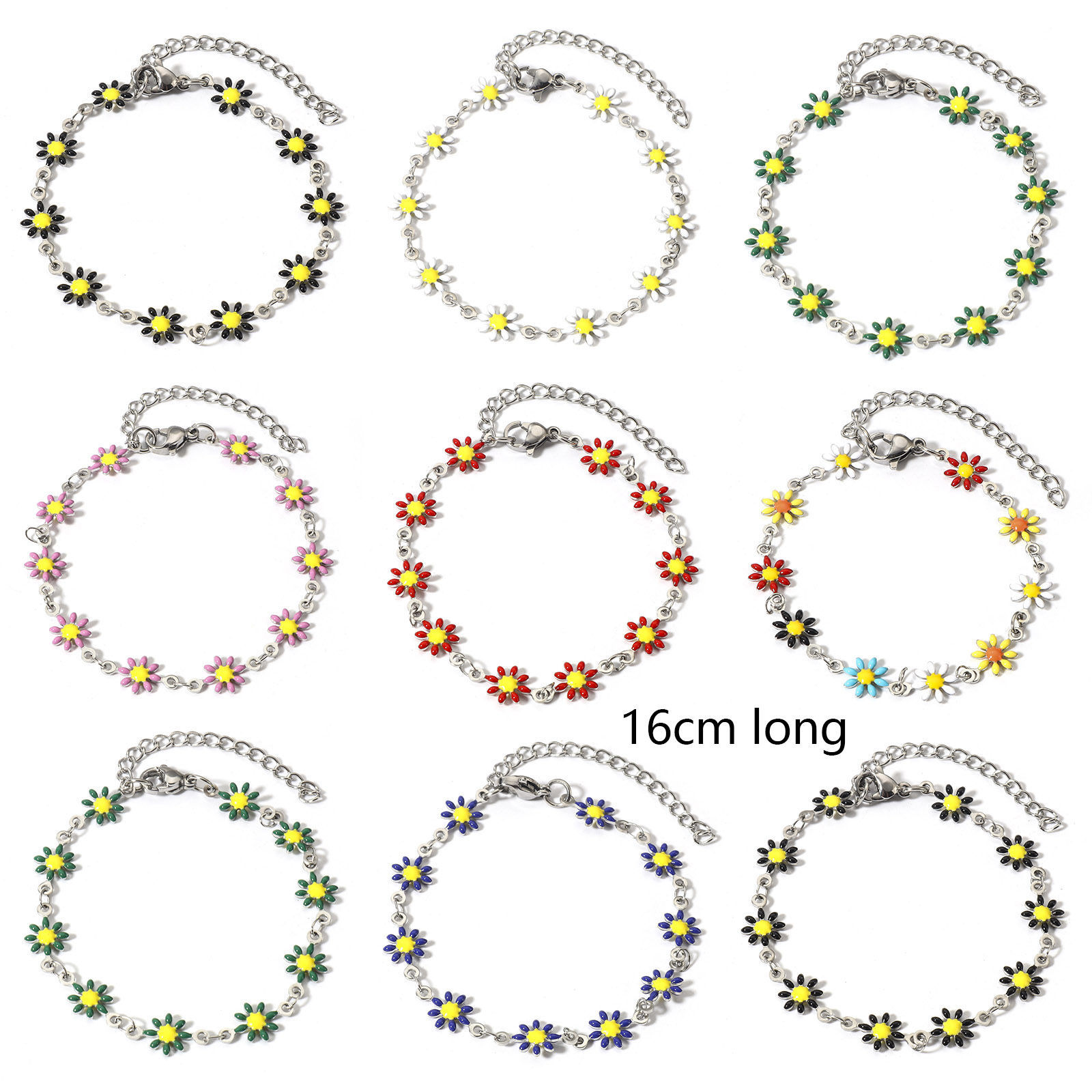 Picture of 304 Stainless Steel Bracelets Silver Tone Daisy Flower Double-sided Enamel 16cm(6 2/8") long