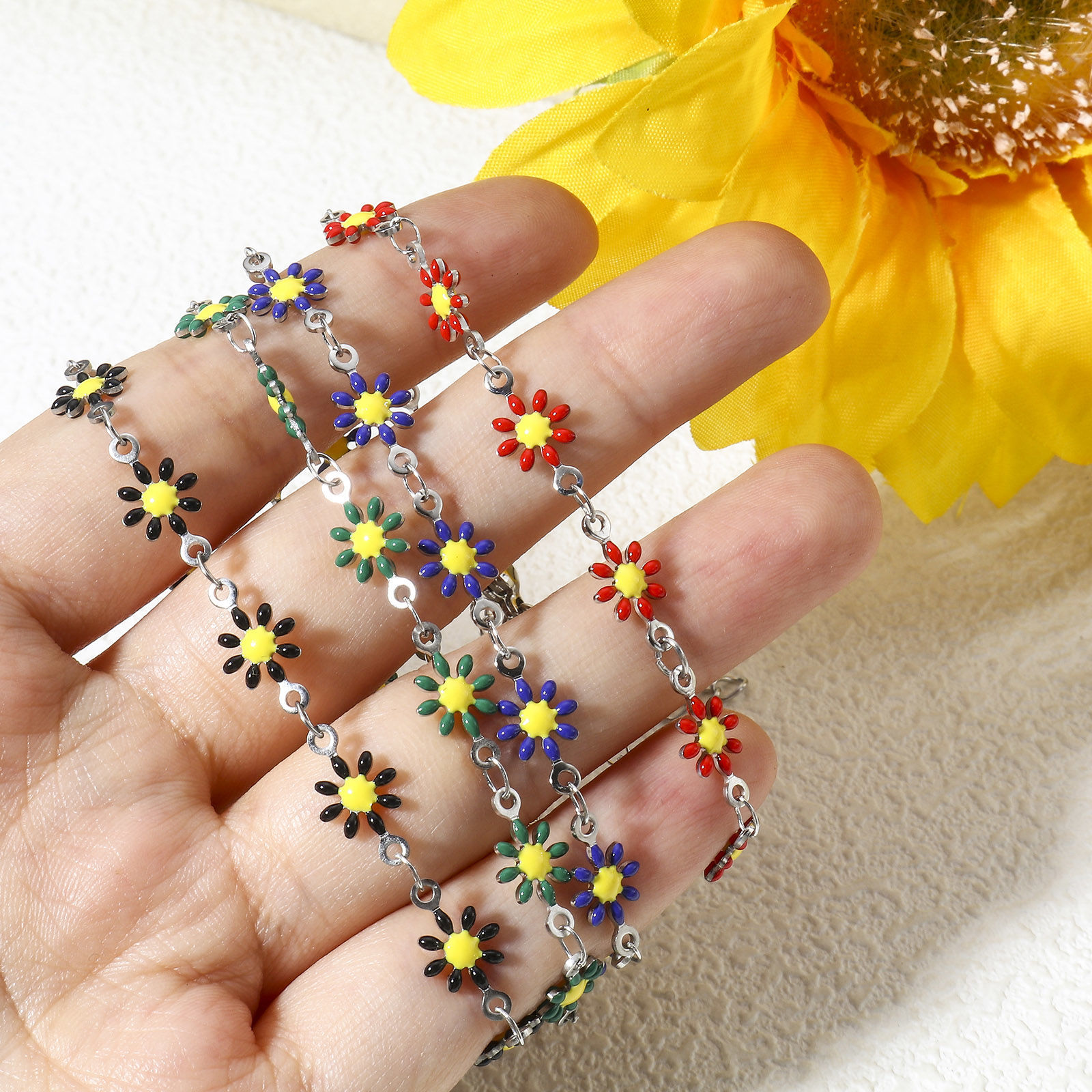 Picture of 304 Stainless Steel Bracelets Silver Tone Daisy Flower Double-sided Enamel 16cm(6 2/8") long