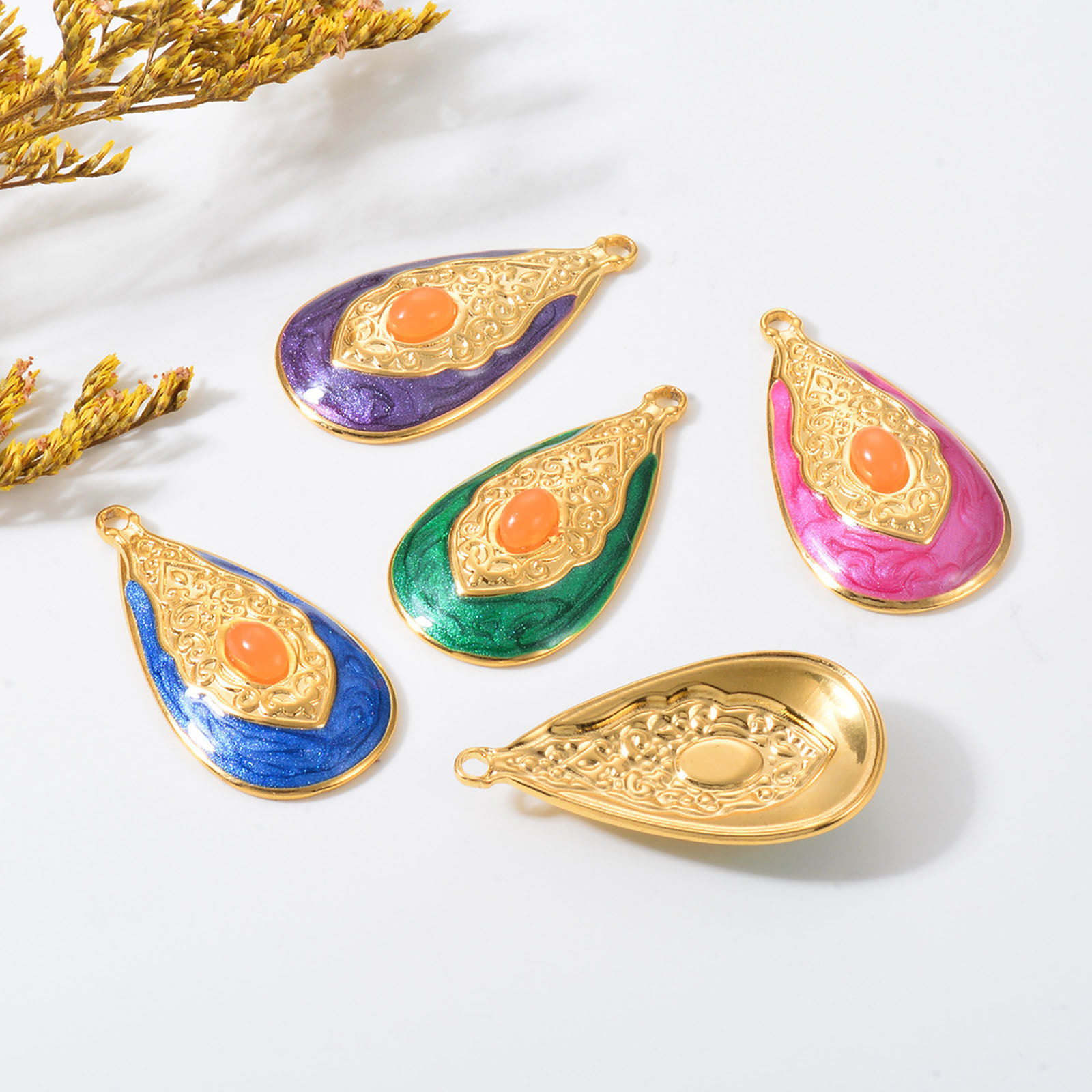 Picture of 304 Stainless Steel Retro Pendants Gold Plated Multicolor Drop Oval Enamel