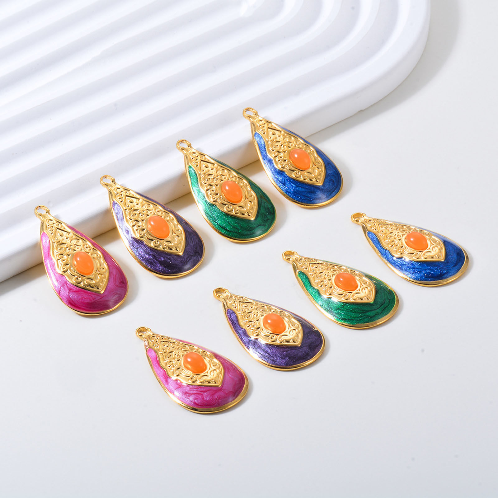 Picture of 304 Stainless Steel Retro Pendants Gold Plated Multicolor Drop Oval Enamel