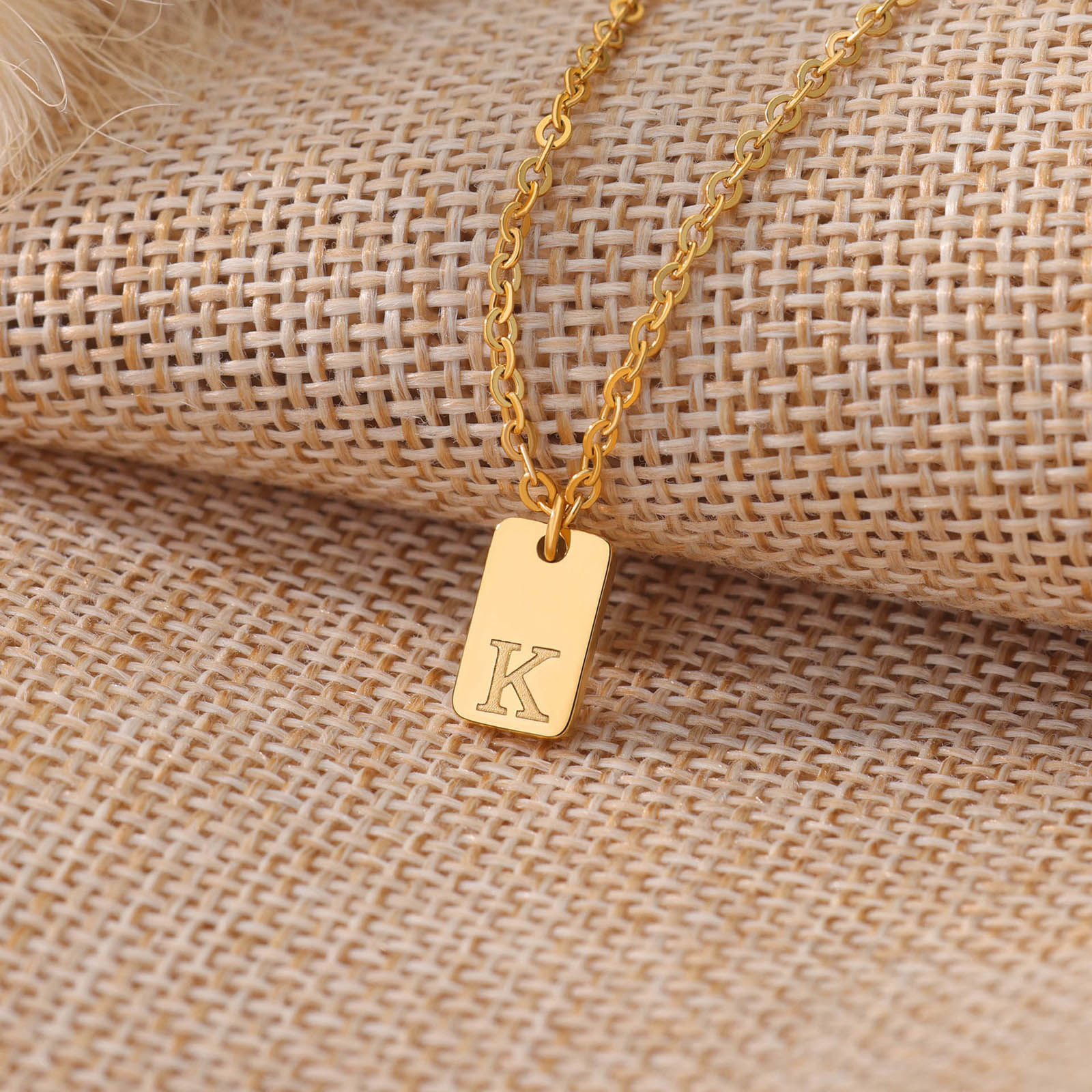 Picture of Eco-friendly Simple & Casual Stylish 18K Gold Plated 304 Stainless Steel Link Cable Chain Rectangle Initial Alphabet/ Capital Letter Message " A-Z " Pendant Necklace For Women Mother's Day