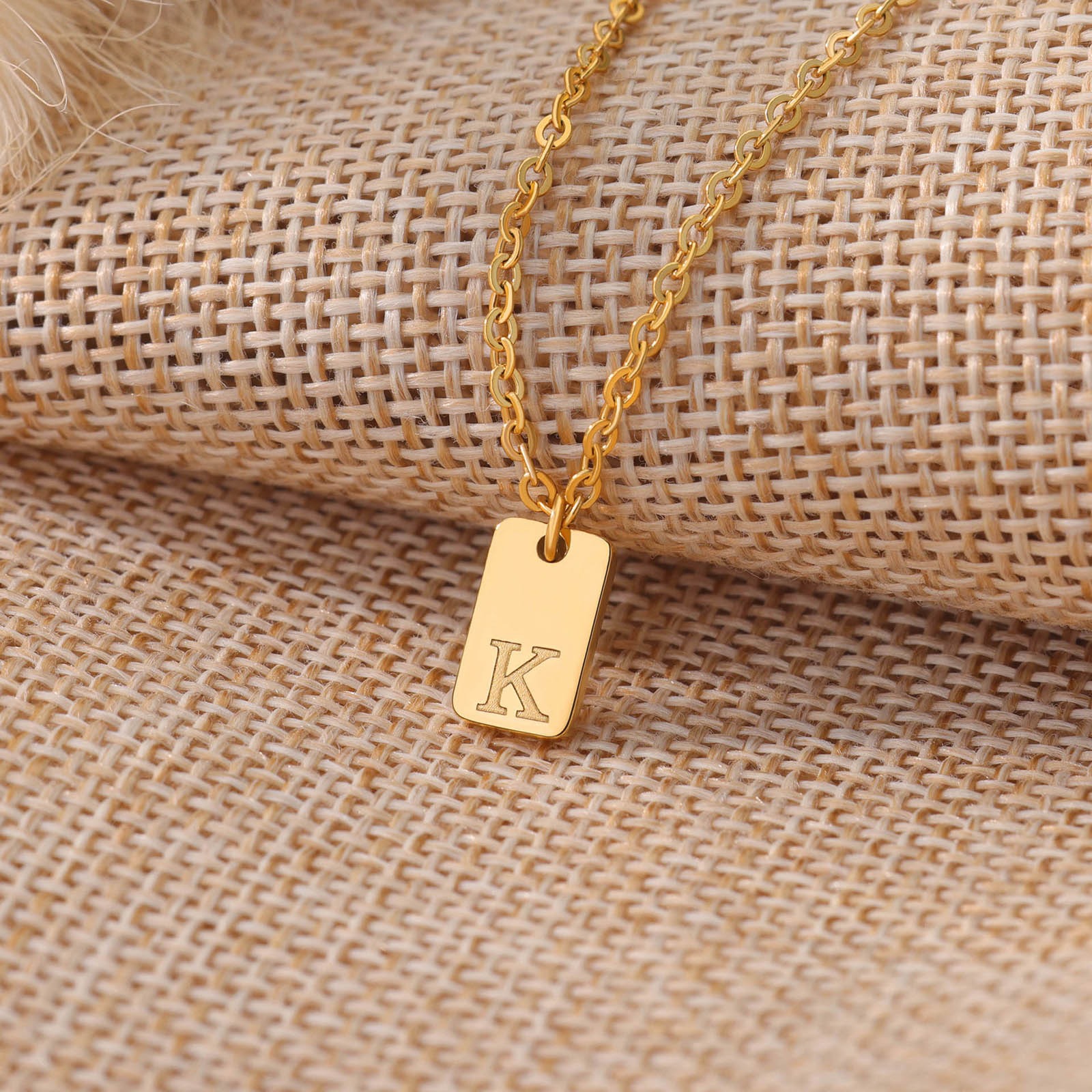 Picture of Wholesale Rectangle Capital Alphabet Initial Letter Message " A-Z " Pendant Charm Necklace, 18K Gold Plated 304 Stainless Steel Link Cable Chain, Women's Eco-friendly Stylish Simple & Casual Gift Jewelry For Retailer, 1 Piece