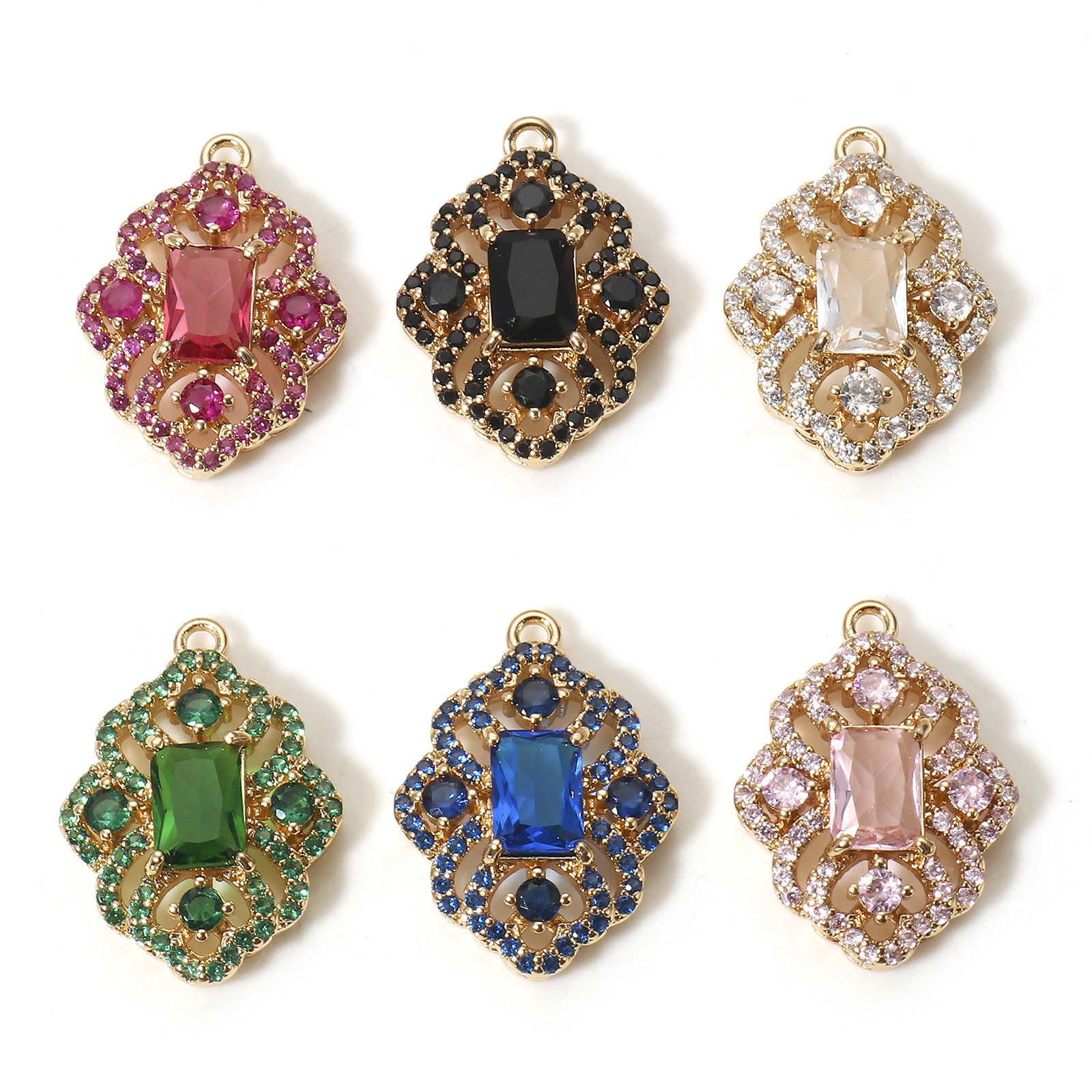 Image de 1 Pièce Breloques Style Royal en Laiton Doré Losange Fleurs Creuses Avec Cabochon en Verre à Strass Coloré 22mm x 16mm