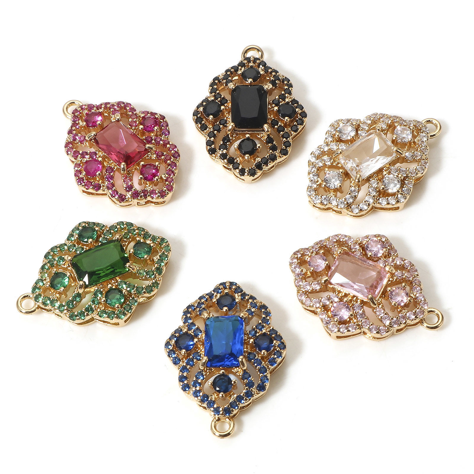 Image de 1 Pièce Breloques Style Royal en Laiton Doré Losange Fleurs Creuses Avec Cabochon en Verre à Strass Coloré 22mm x 16mm