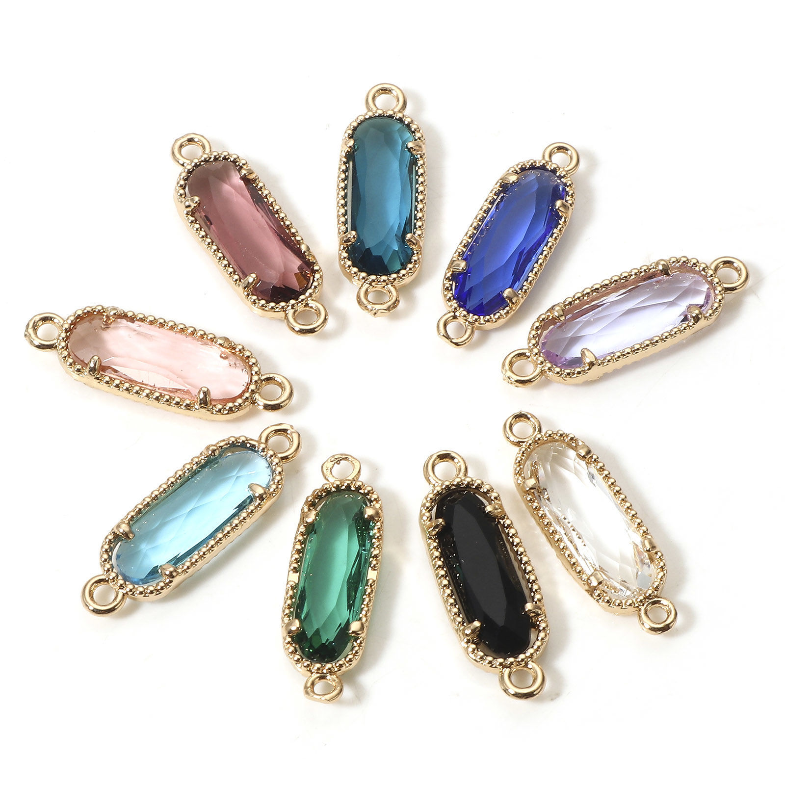 5 個 真鍮 コネクター ペンダント チャーム 金メッキ 多色 楕円形 ガラスカボション付き 22mm x 7mm の画像