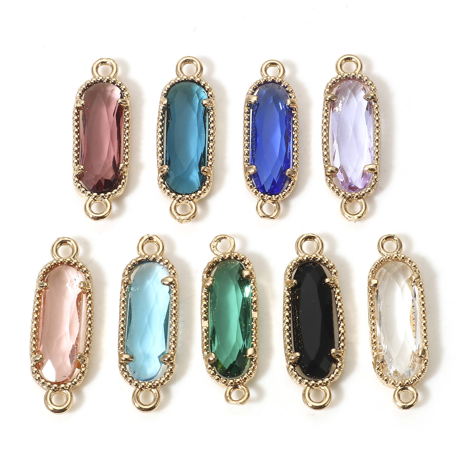 5 個 真鍮 コネクター ペンダント チャーム 金メッキ 多色 楕円形 ガラスカボション付き 22mm x 7mm の画像