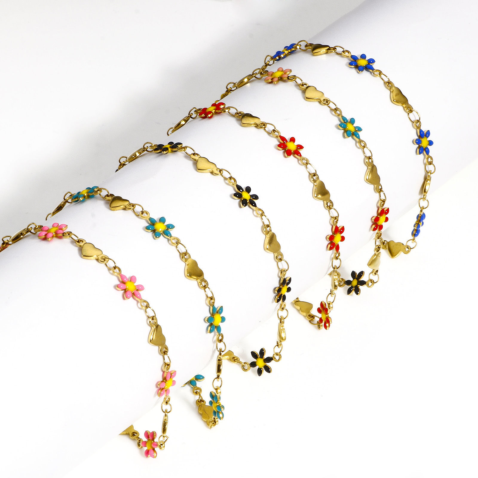 Bild von 1 Strang 304 Edelstahl Valentinstag Handgefertigte Gliederkette Armband Vergoldet Gänseblümchen Herz Doppelseitige Emaille 18.5cm lang