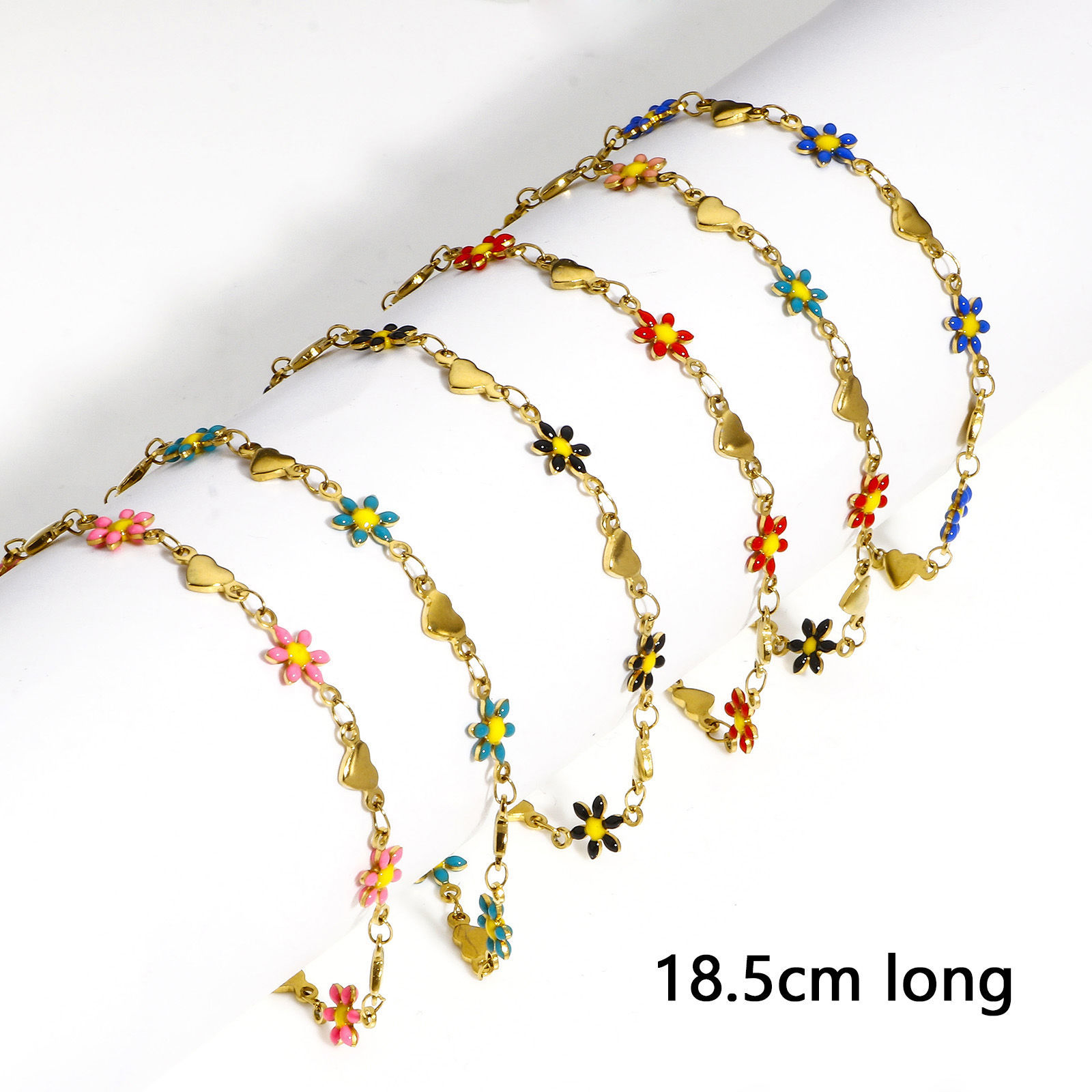 Bild von 1 Strang 304 Edelstahl Valentinstag Handgefertigte Gliederkette Armband Vergoldet Gänseblümchen Herz Doppelseitige Emaille 18.5cm lang