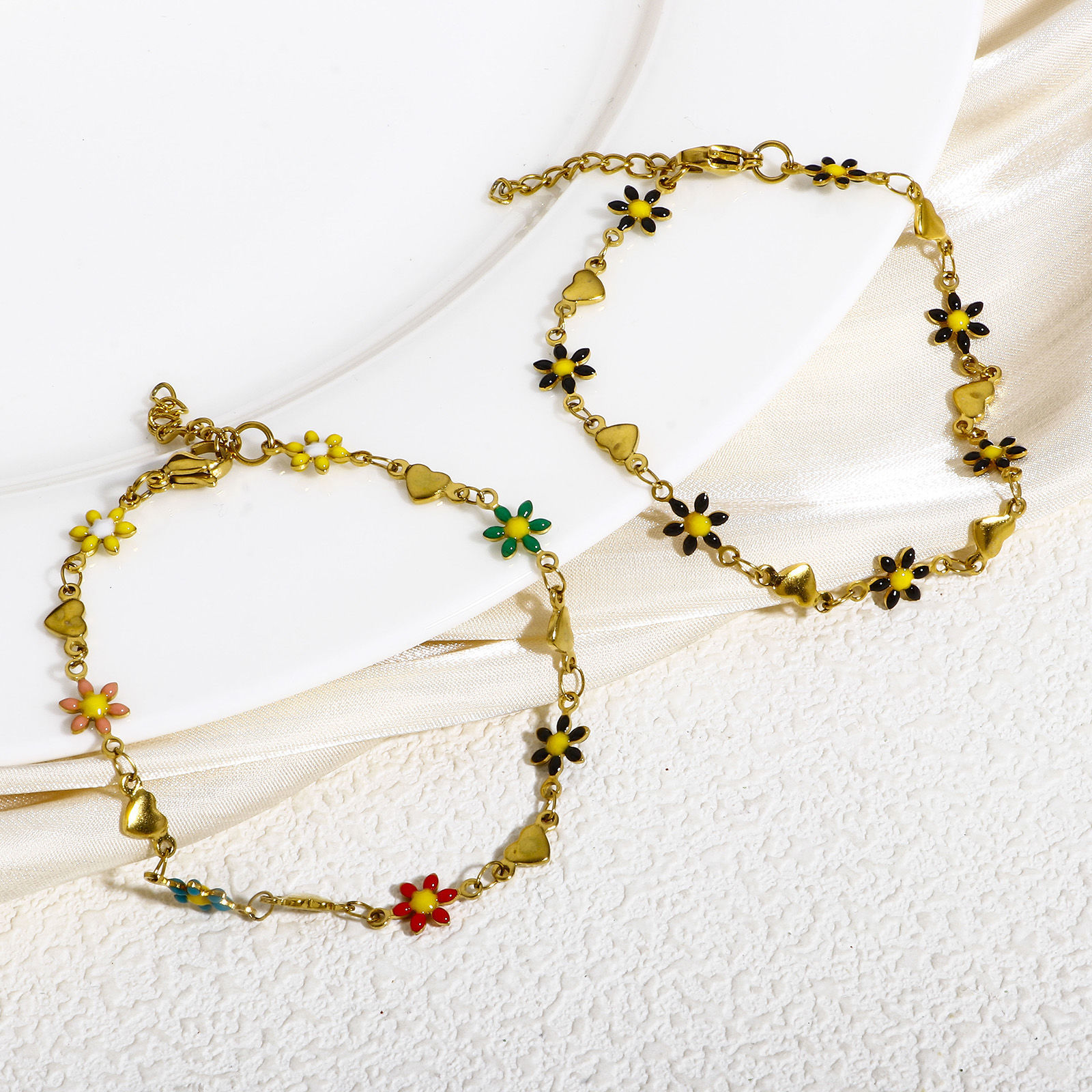 Bild von 1 Strang 304 Edelstahl Valentinstag Handgefertigte Gliederkette Armband Vergoldet Gänseblümchen Herz Doppelseitige Emaille 18.5cm lang