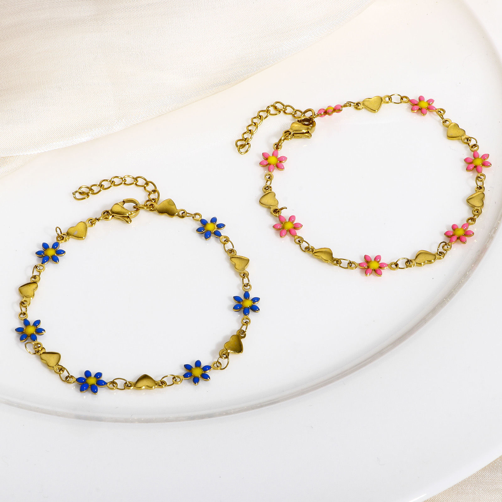 Bild von 1 Strang 304 Edelstahl Valentinstag Handgefertigte Gliederkette Armband Vergoldet Gänseblümchen Herz Doppelseitige Emaille 18.5cm lang