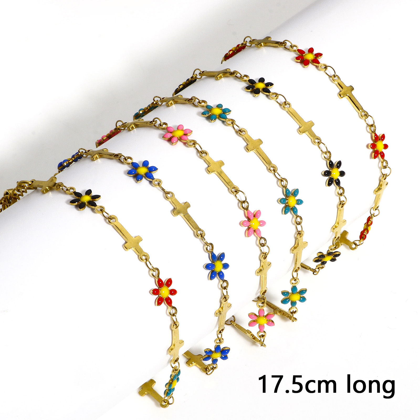 Bild von 1 Strang 304 Edelstahl Religiös Handgefertigte Gliederkette Armband Vergoldet Kreuz Gänseblümchen Doppelseitige Emaille 17.5cm lang