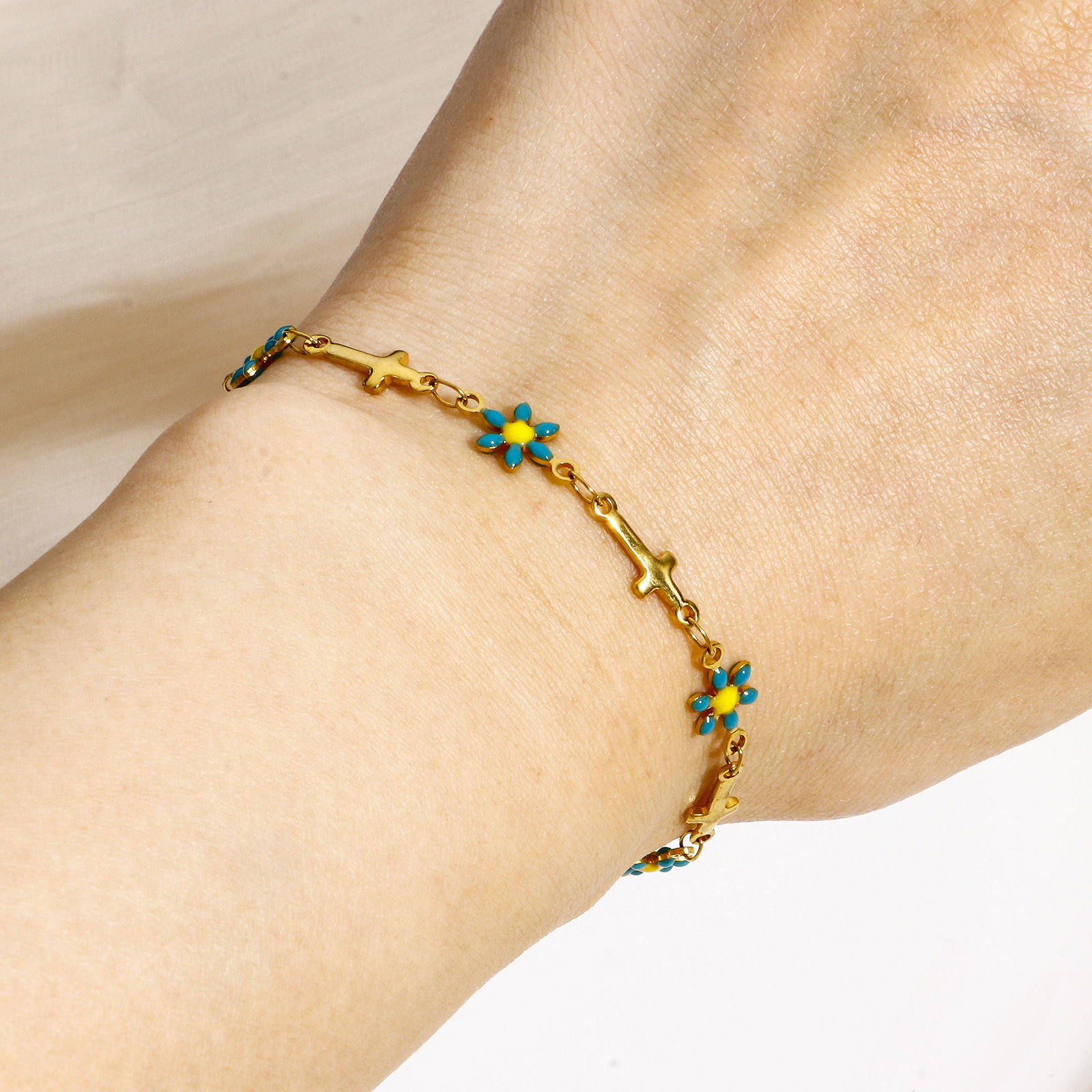 Bild von 1 Strang 304 Edelstahl Religiös Handgefertigte Gliederkette Armband Vergoldet Kreuz Gänseblümchen Doppelseitige Emaille 17.5cm lang