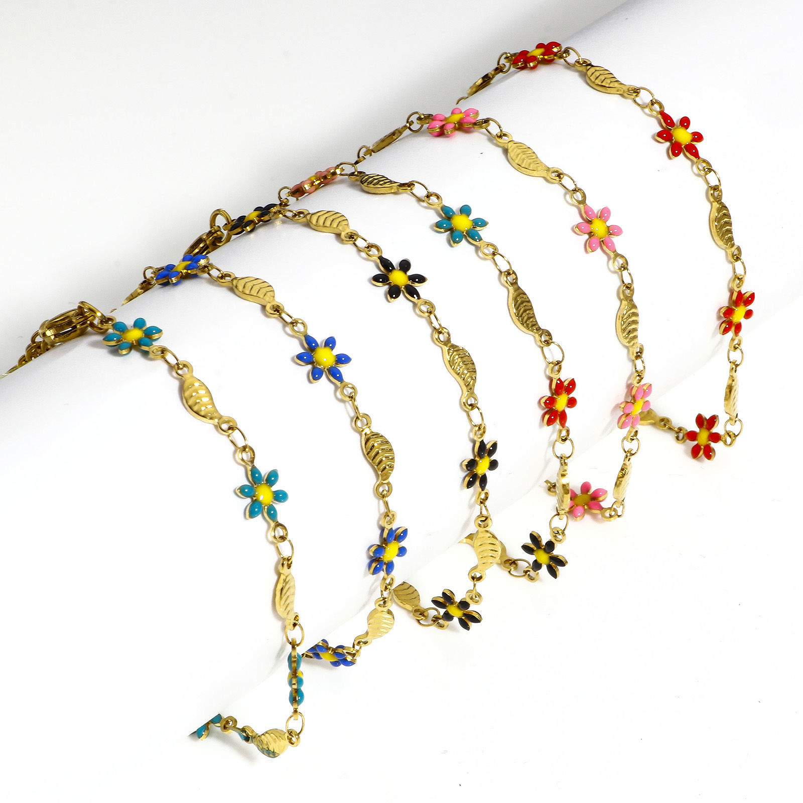 Picture of 304 Stainless Steel Religious Handmade Link Chain Bracelets Gold Plated Leaf Daisy Flower Double-sided Enamel 17.5cm(6 7/8") long