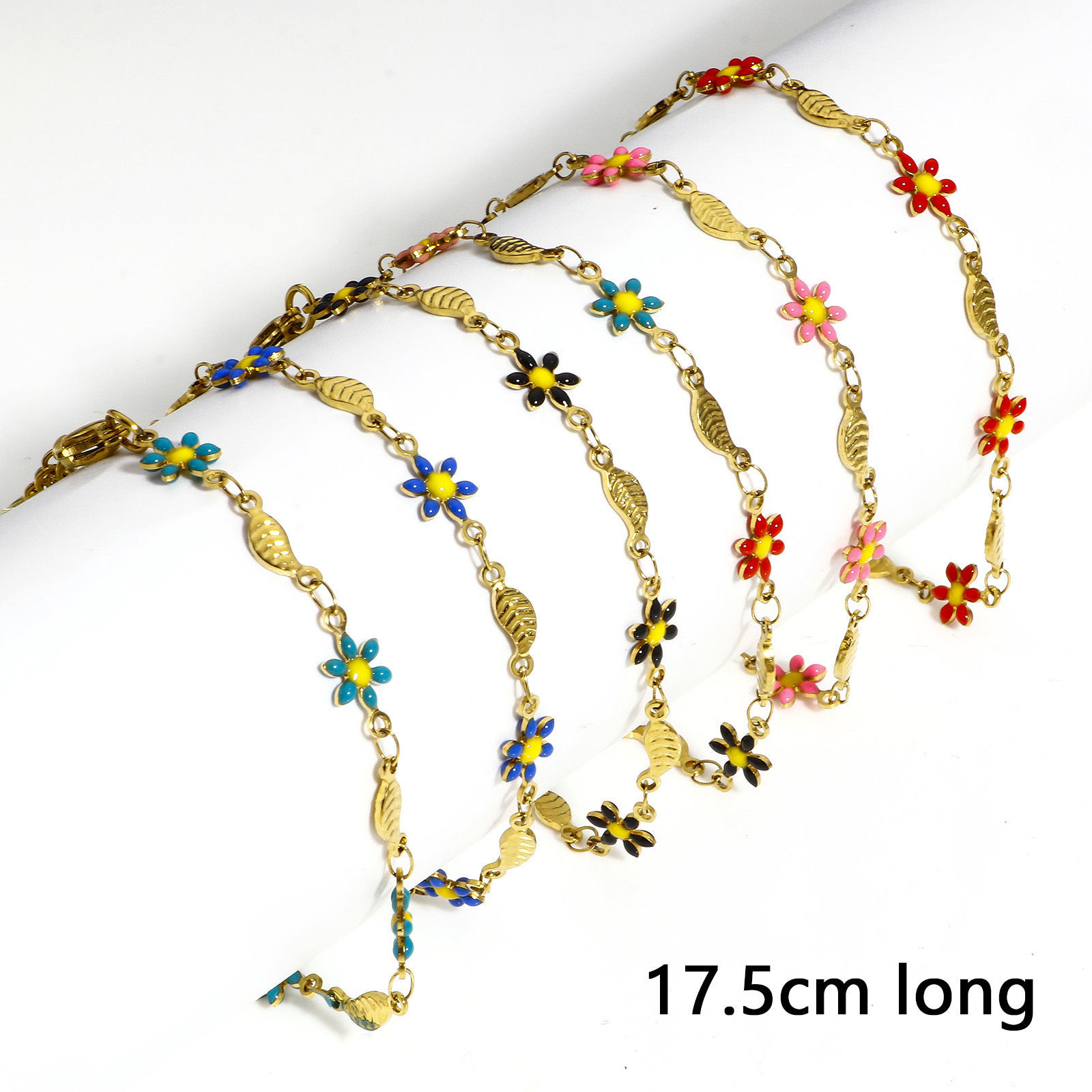 Picture of 304 Stainless Steel Religious Handmade Link Chain Bracelets Gold Plated Leaf Daisy Flower Double-sided Enamel 17.5cm(6 7/8") long